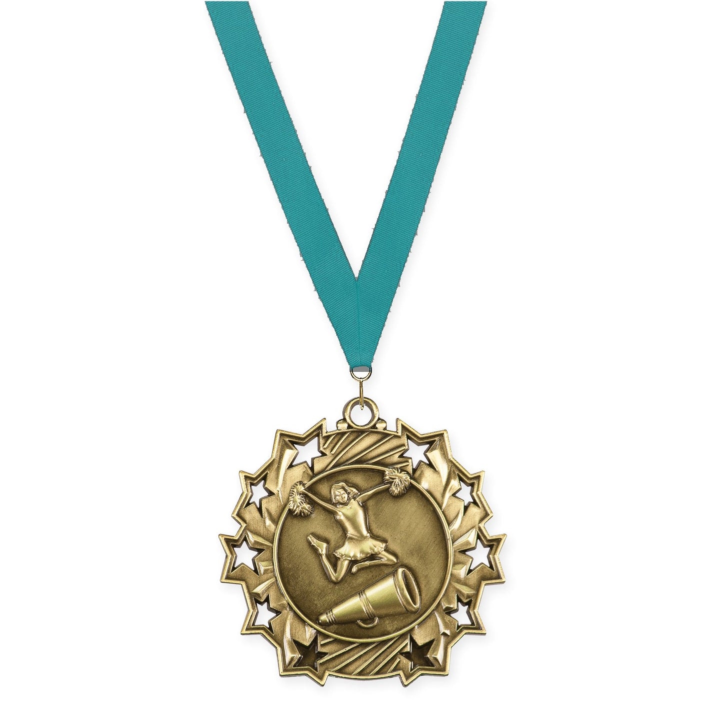 2 1/4 inch cheerleading Ten Star medal in antique gold with Teal neck ribbon