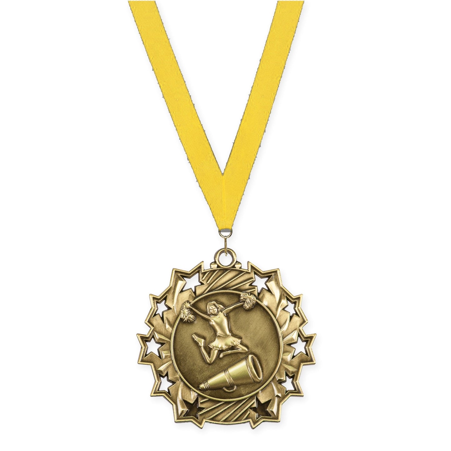 2 1/4 inch cheerleading Ten Star medal in antique gold with Yellow neck ribbon