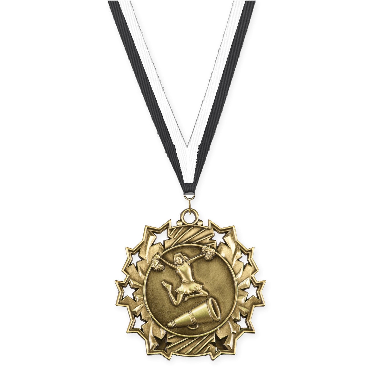 2 1/4 inch cheerleading Ten Star medal in antique gold with Black White neck ribbon