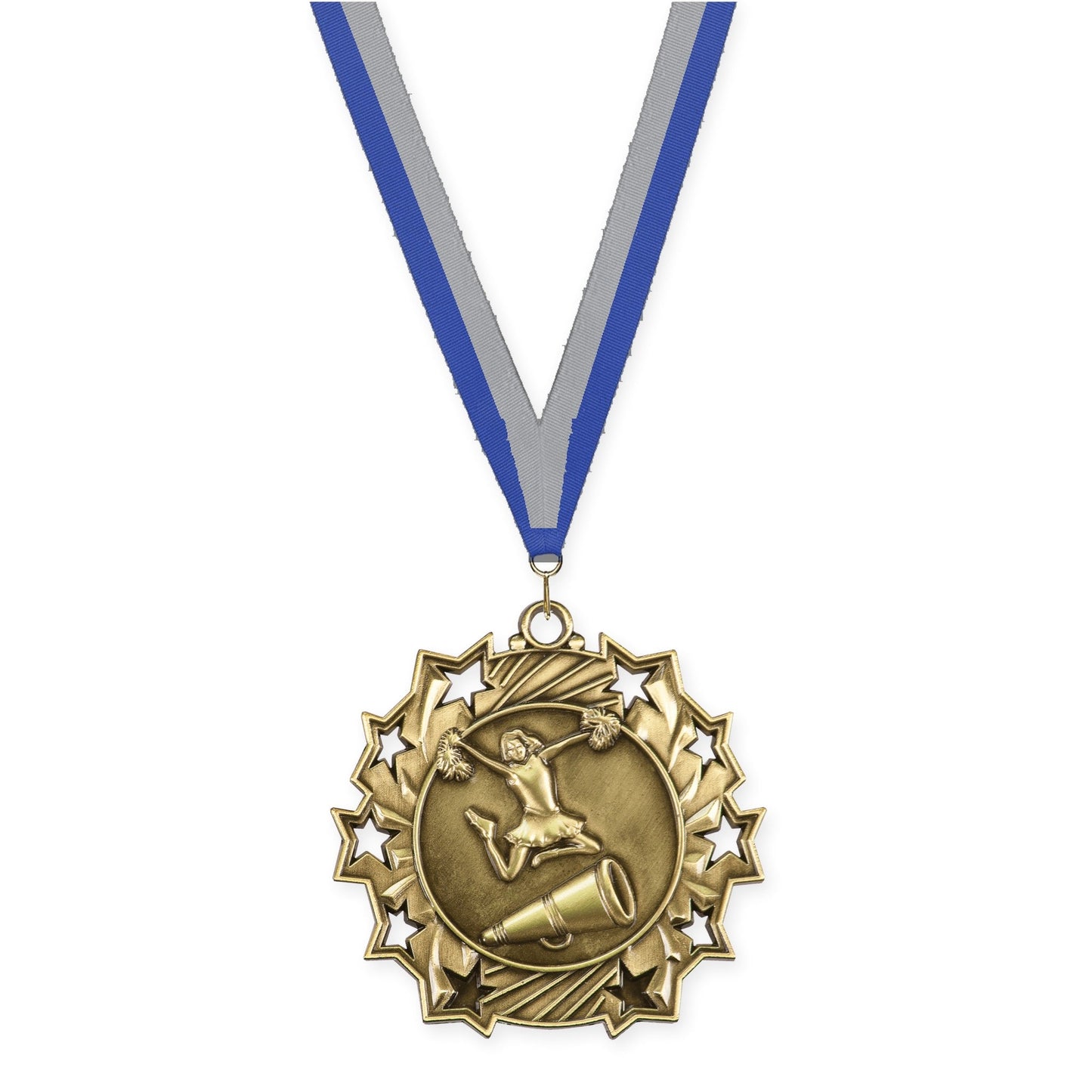 2 1/4 inch cheerleading Ten Star medal in antique gold with Blue Gray neck ribbon