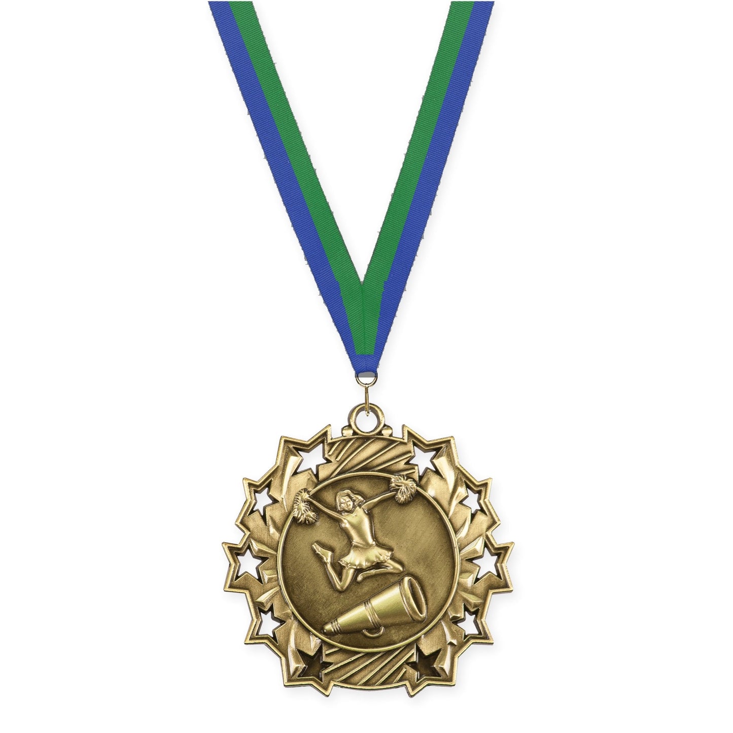 2 1/4 inch cheerleading Ten Star medal in antique gold with Blue Green neck ribbon