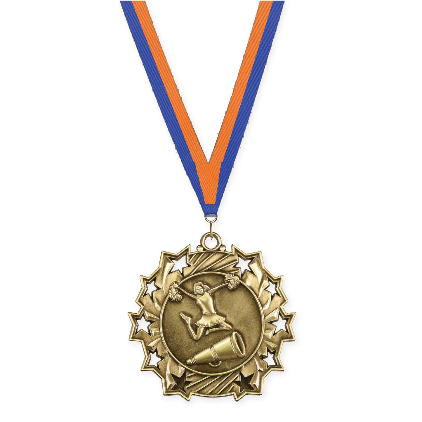 2 1/4 inch cheerleading Ten Star medal in antique gold with Blue Orange neck ribbon