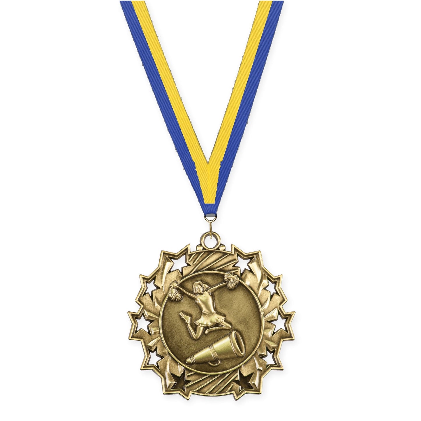 2 1/4 inch cheerleading Ten Star medal in antique gold with Blue Yellow neck ribbon