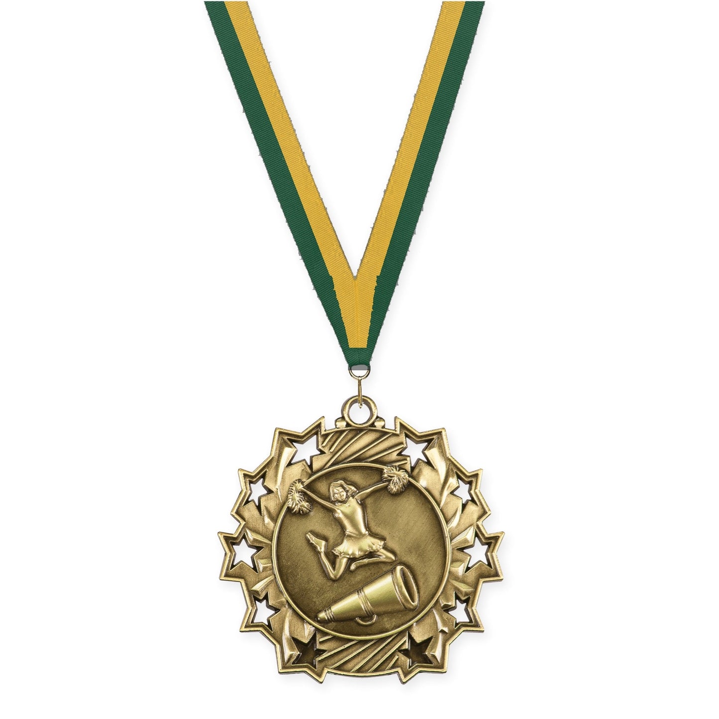 2 1/4 inch cheerleading Ten Star medal in antique gold with Hunter Green Gold neck ribbon