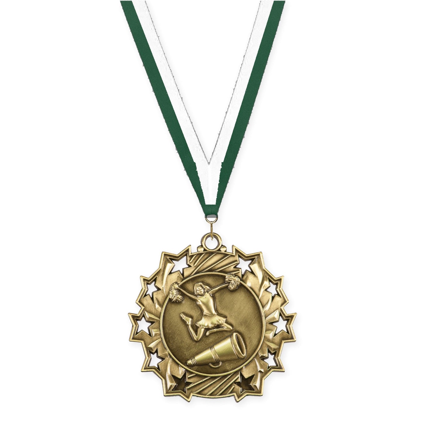 2 1/4 inch cheerleading Ten Star medal in antique gold with Hunter Green White neck ribbon