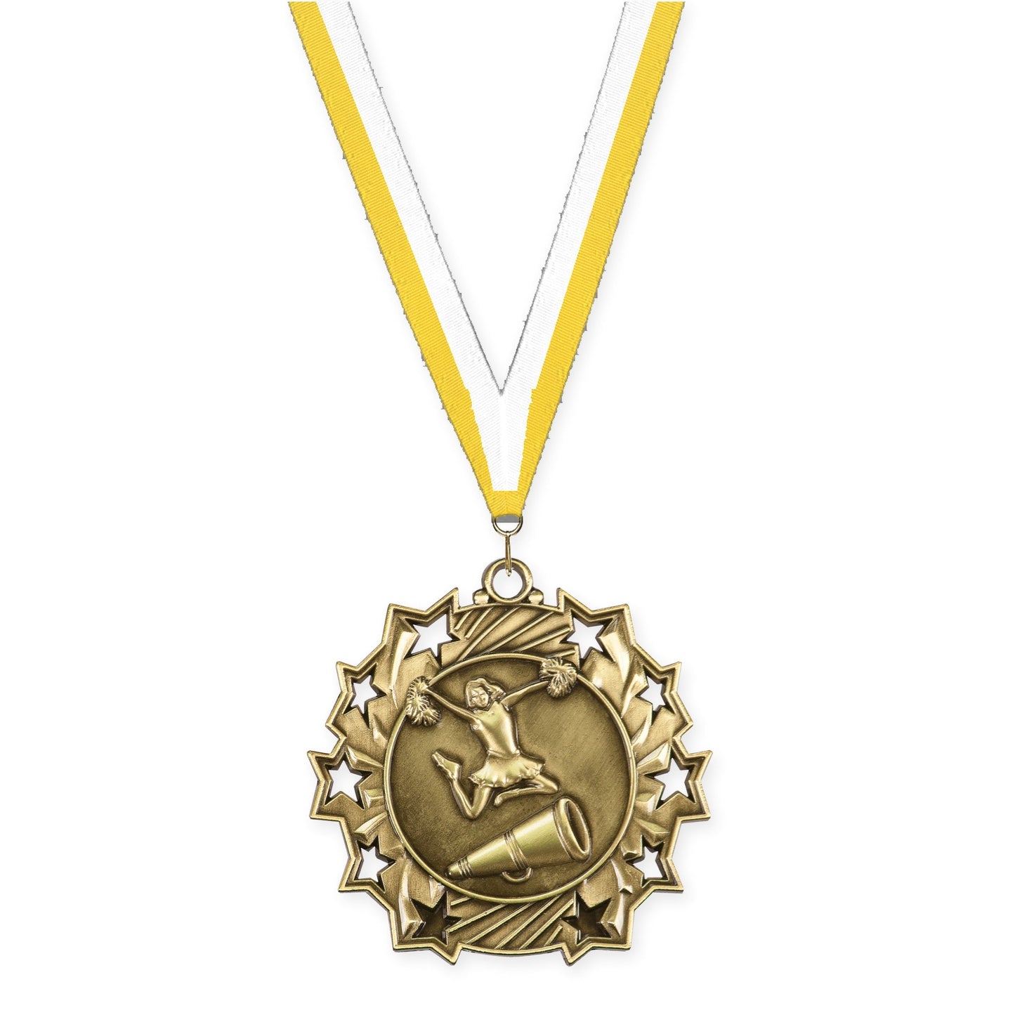 2 1/4 inch cheerleading Ten Star medal in antique gold with Yellow White neck ribbon