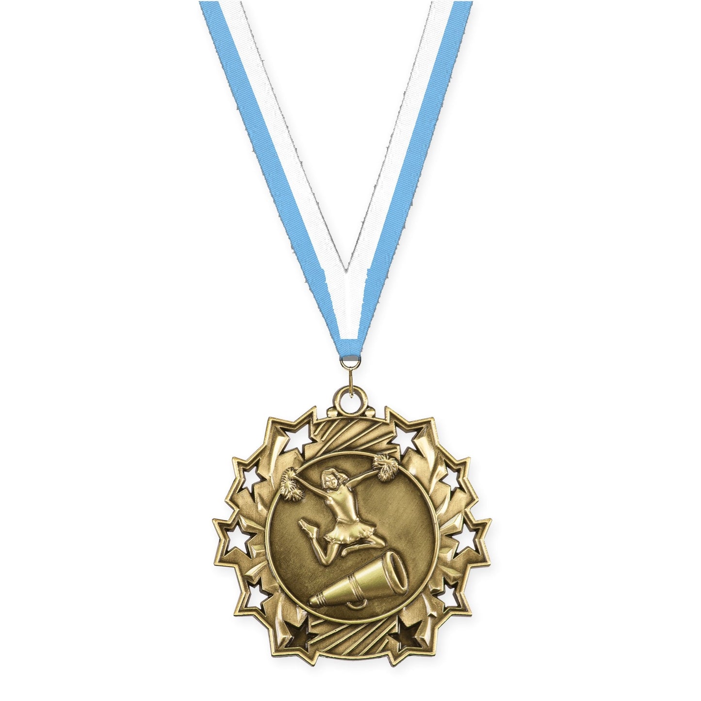 2 1/4 inch cheerleading Ten Star medal in antique gold with Light Blue White neck ribbon