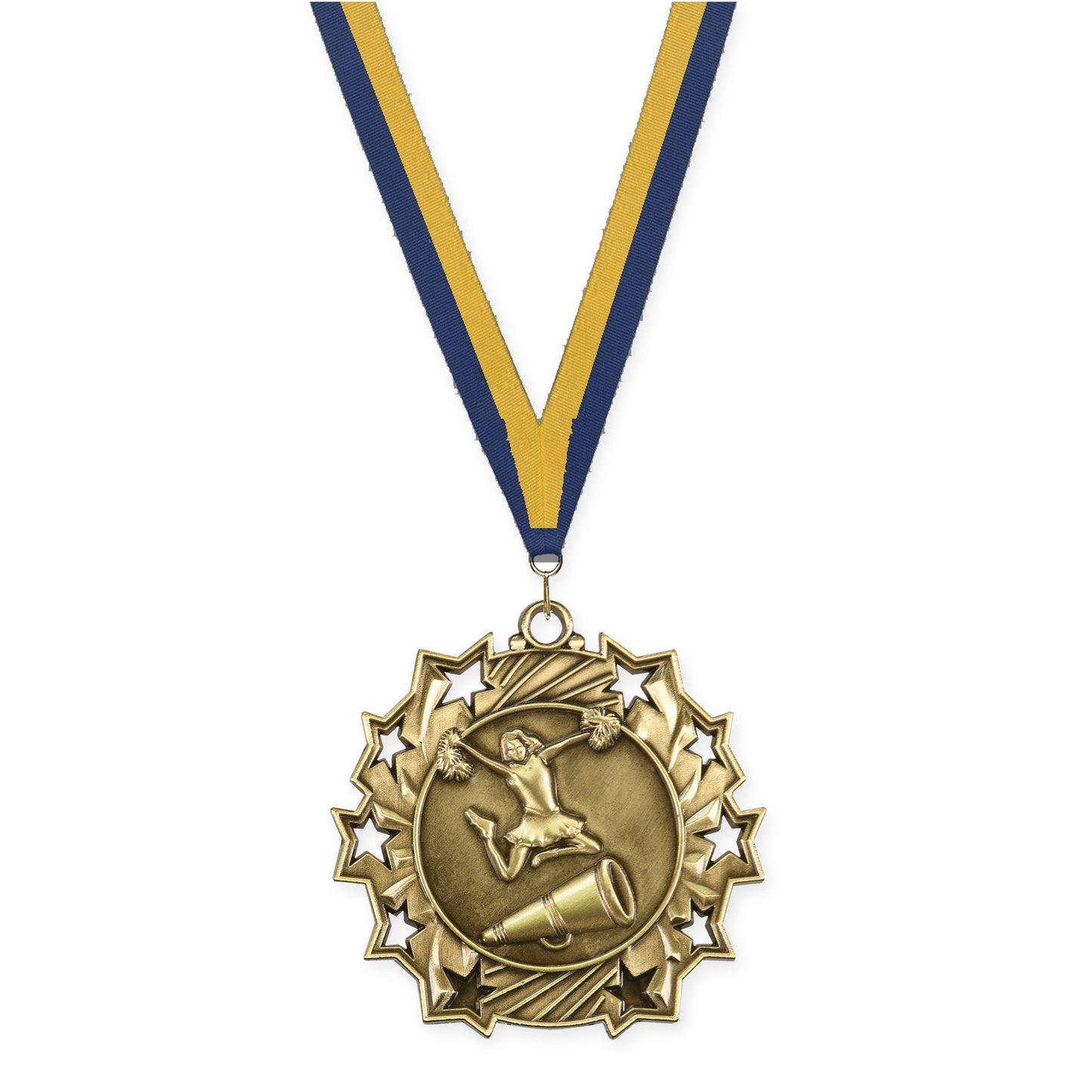 2 1/4 inch cheerleading Ten Star medal in antique gold with Navy Gold neck ribbon