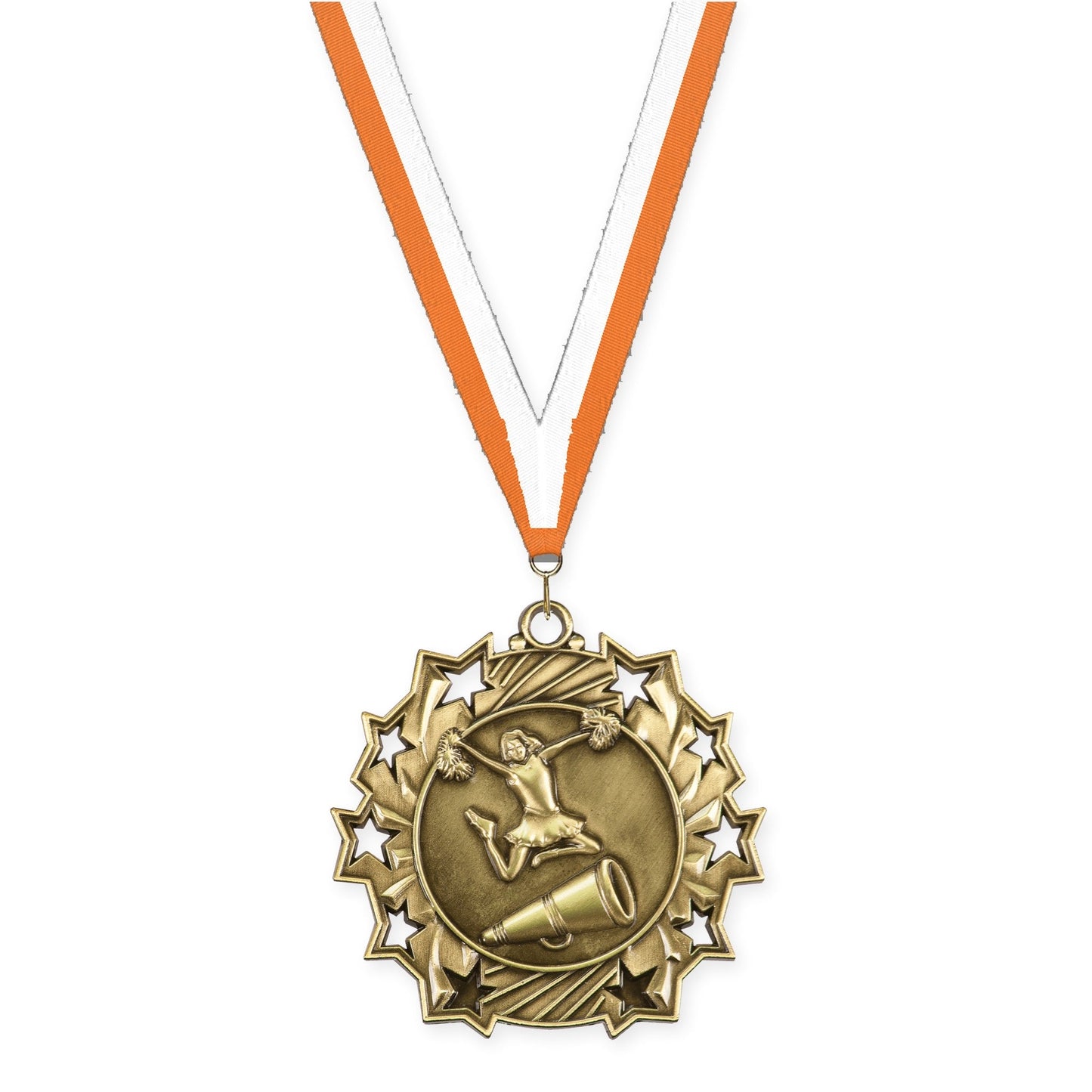 2 1/4 inch cheerleading Ten Star medal in antique gold with Orange White neck ribbon