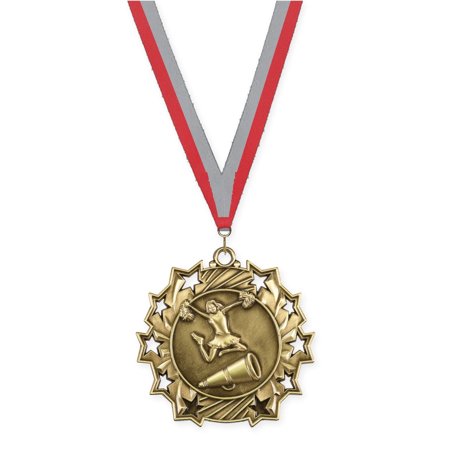 2 1/4 inch cheerleading Ten Star medal in antique gold with Red Gray neck ribbon