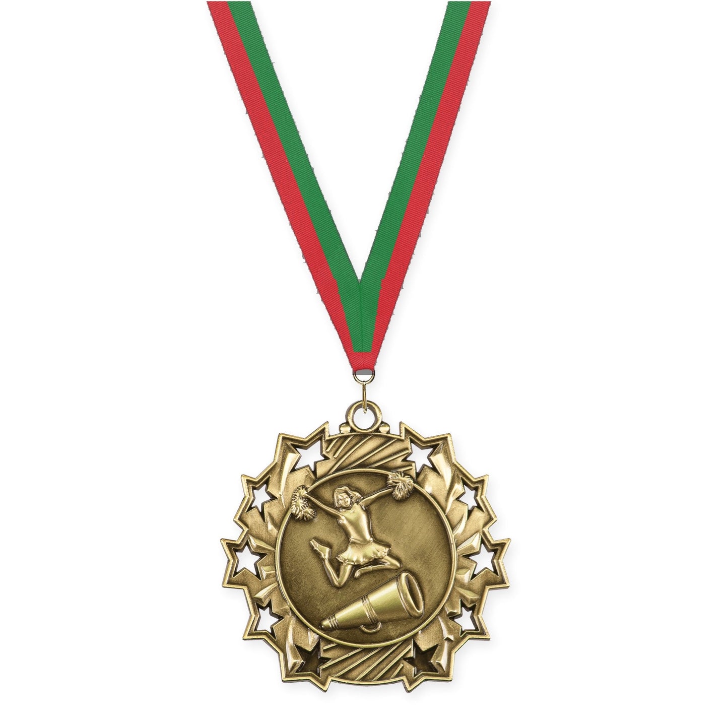 2 1/4 inch cheerleading Ten Star medal in antique gold with Red Green neck ribbon