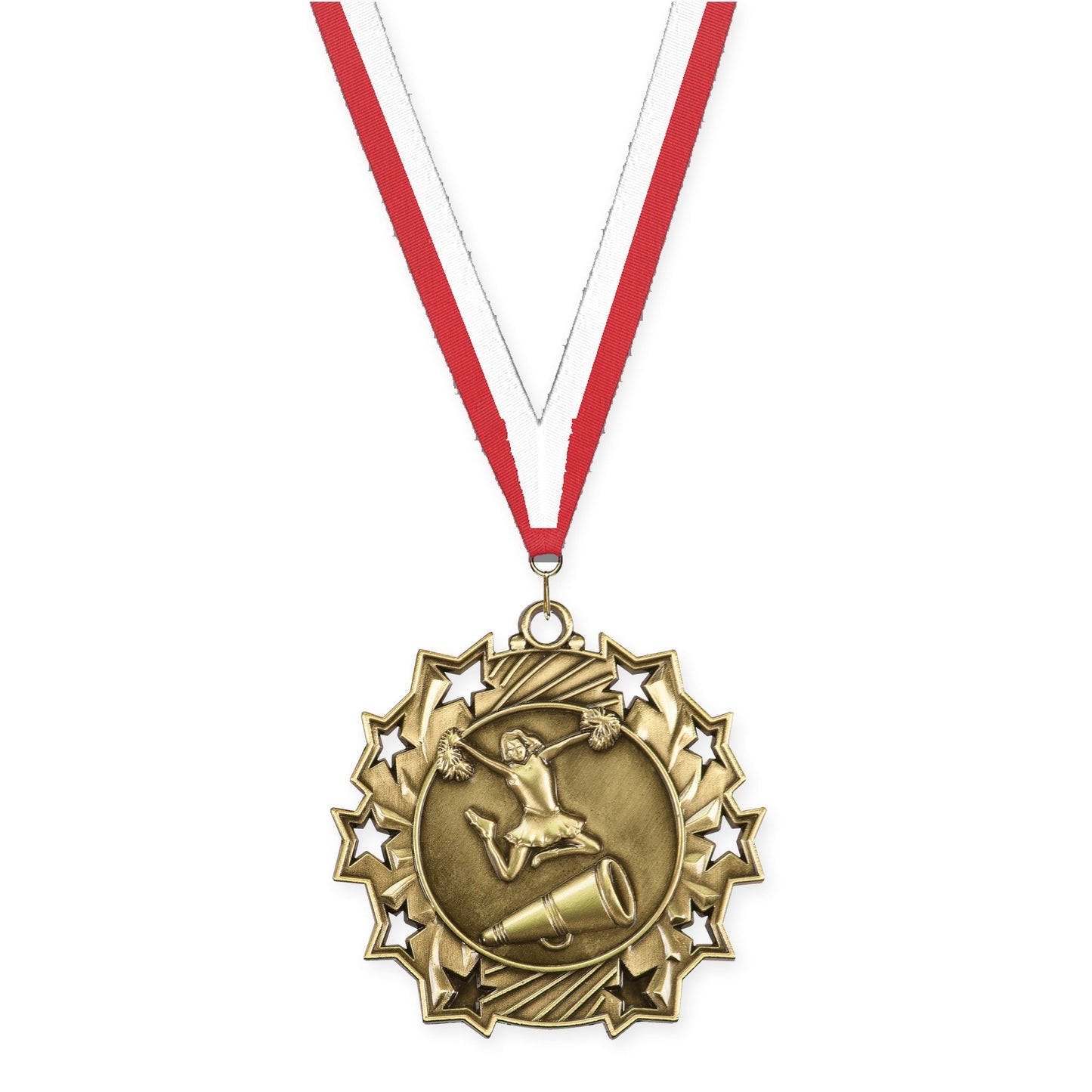 2 1/4 inch cheerleading Ten Star medal in antique gold with Red White neck ribbon