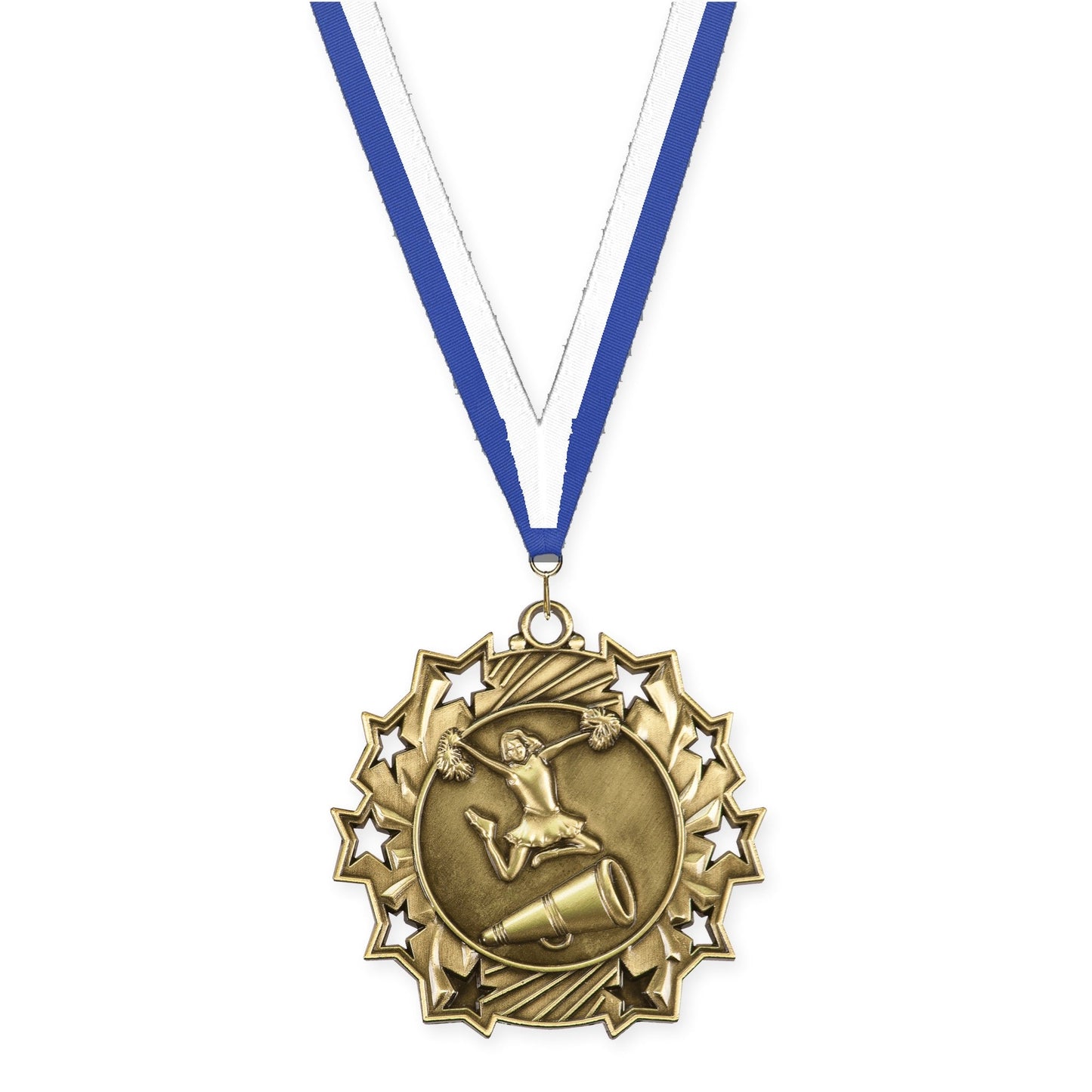 2 1/4 inch cheerleading Ten Star medal in antique gold with Blue White neck ribbon