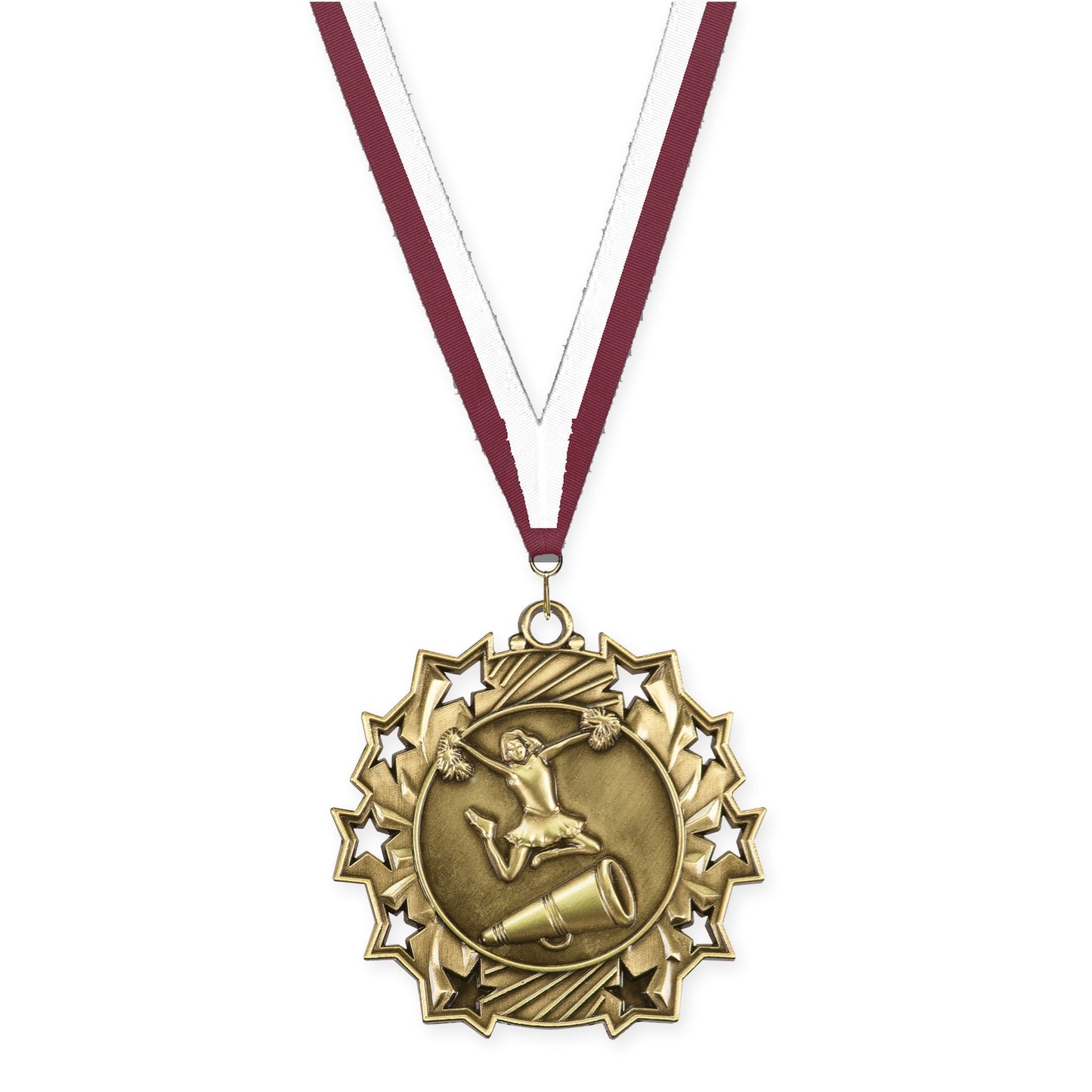 2 1/4 inch cheerleading Ten Star medal in antique gold with Maroon White neck ribbon