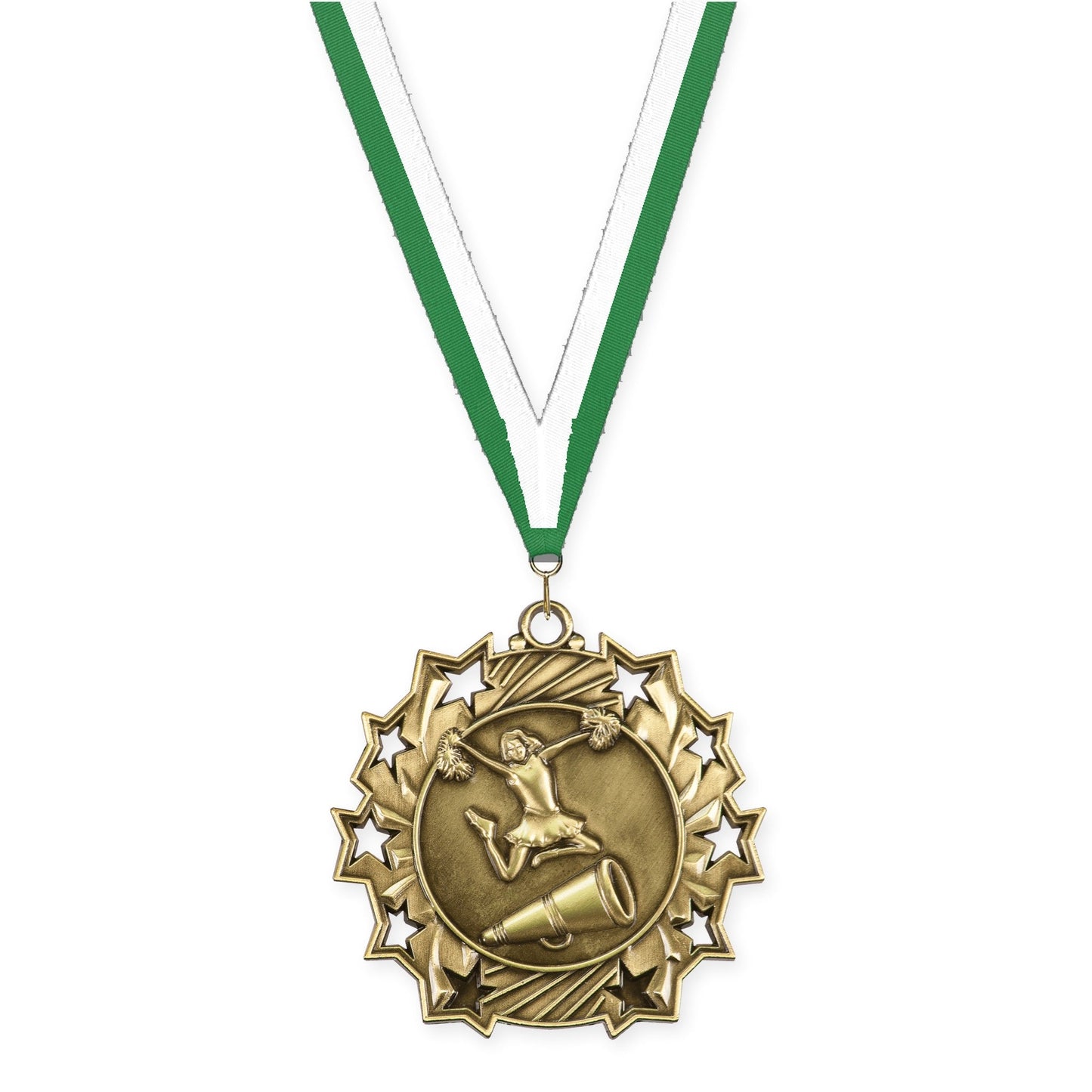 2 1/4 inch cheerleading Ten Star medal in antique gold with Green White neck ribbon