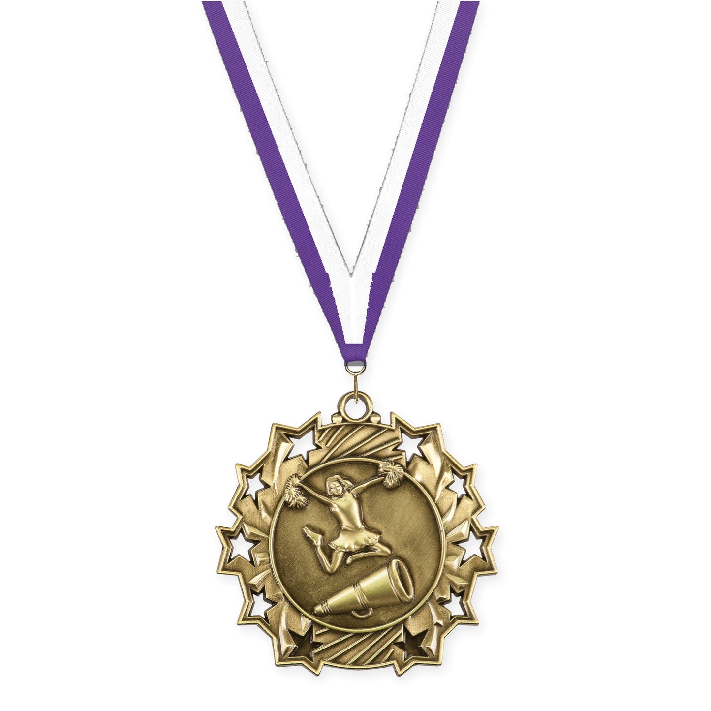 2 1/4 inch cheerleading Ten Star medal in antique gold with Purple White neck ribbon
