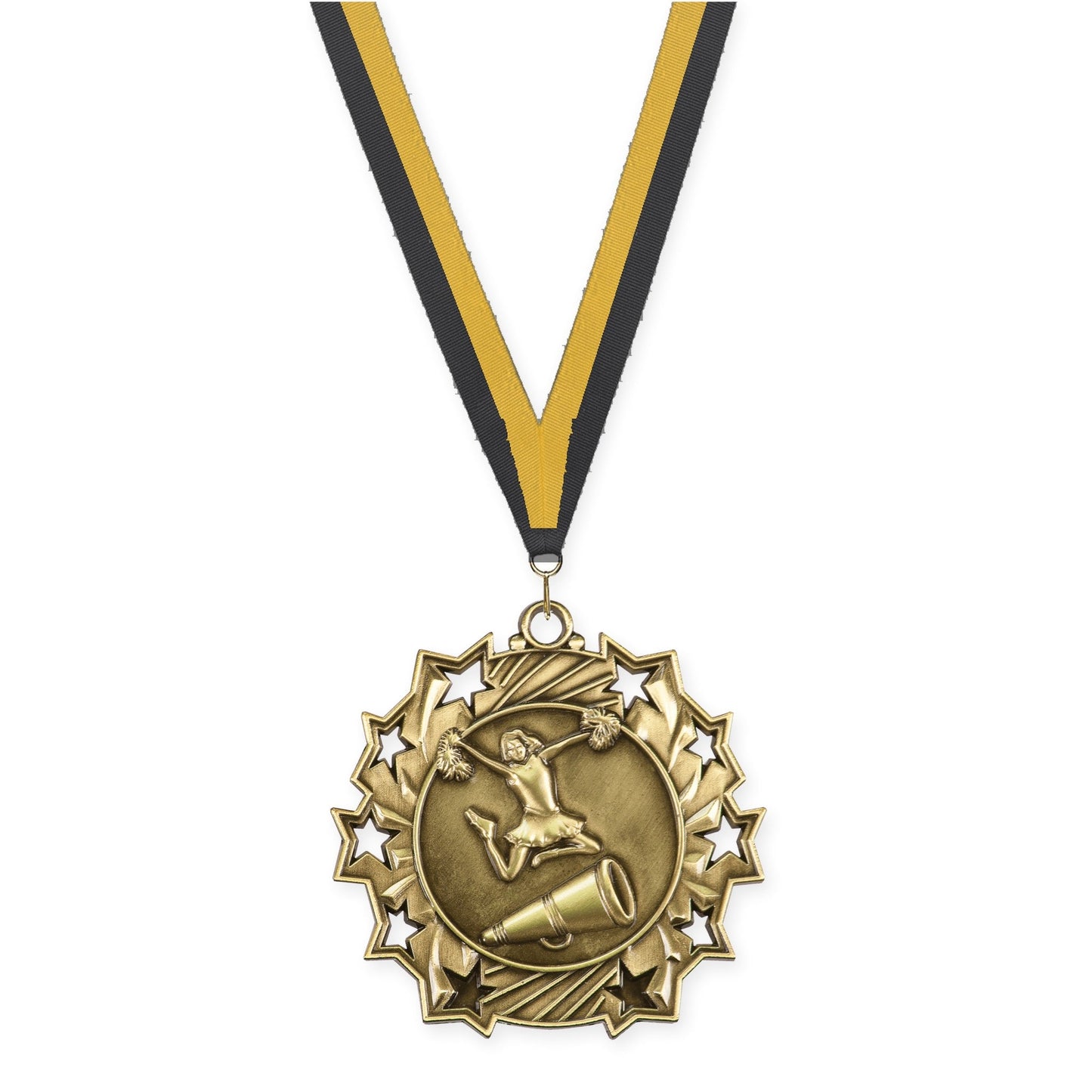 2 1/4 inch cheerleading Ten Star medal in antique gold with Black Gold neck ribbon