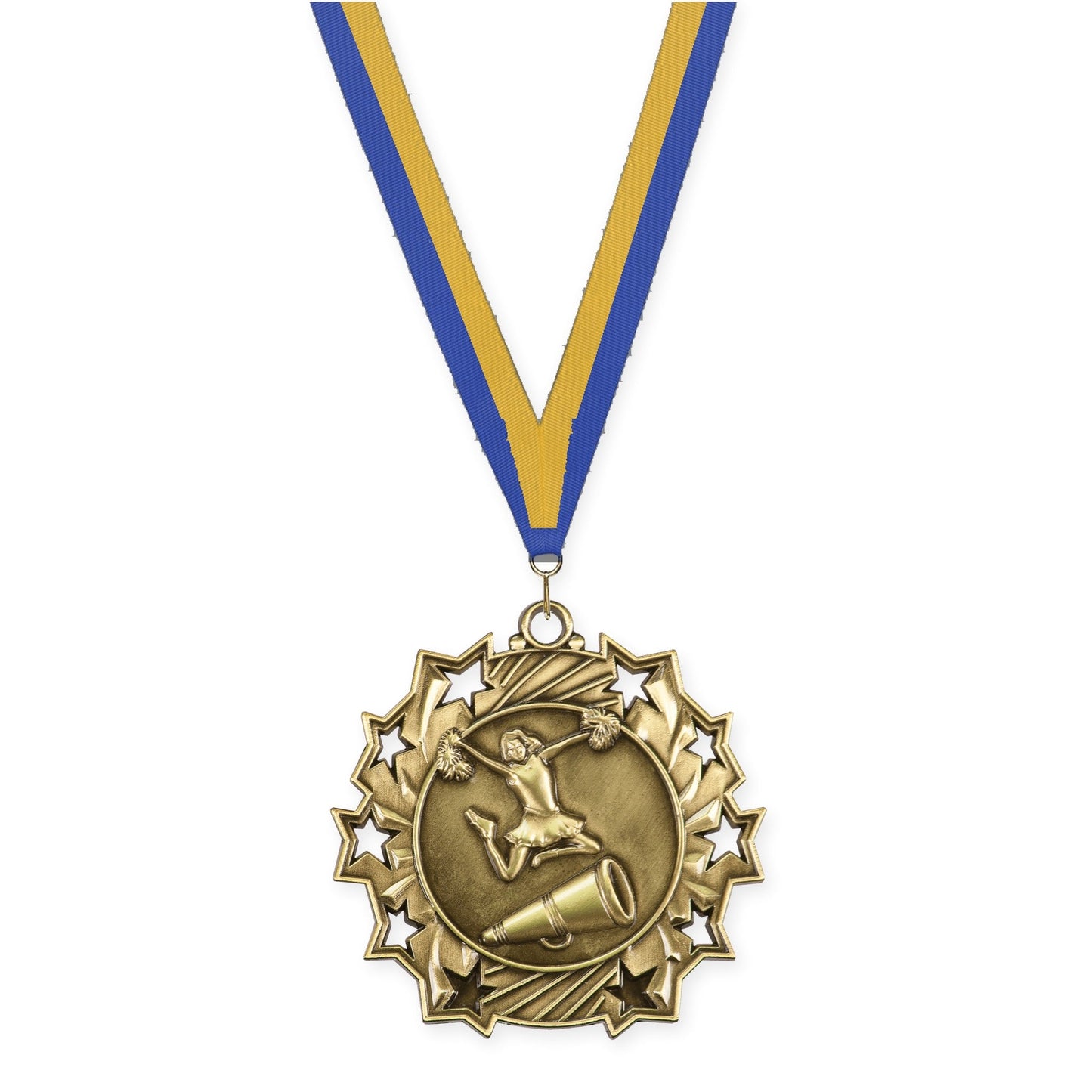 2 1/4 inch cheerleading Ten Star medal in antique gold with Blue Gold neck ribbon