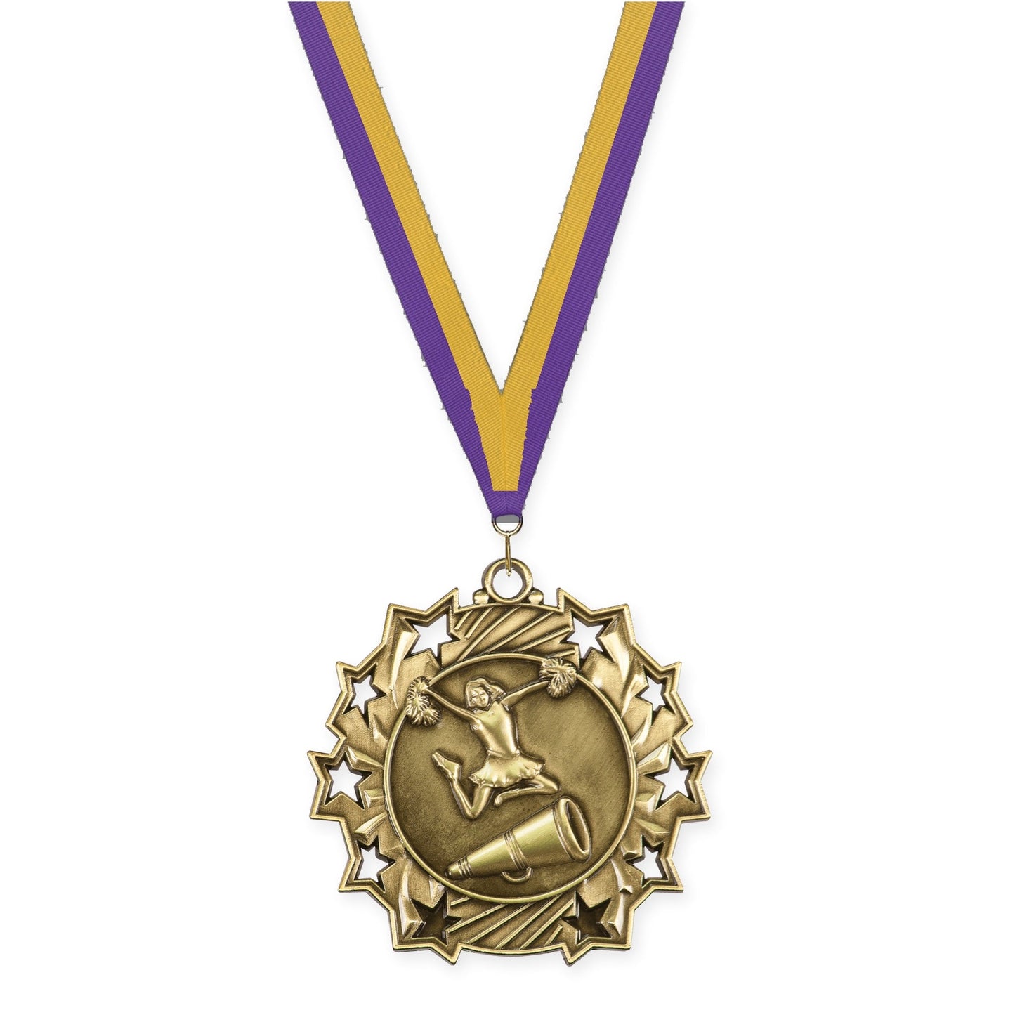 2 1/4 inch cheerleading Ten Star medal in antique gold with Purple Gold neck ribbon