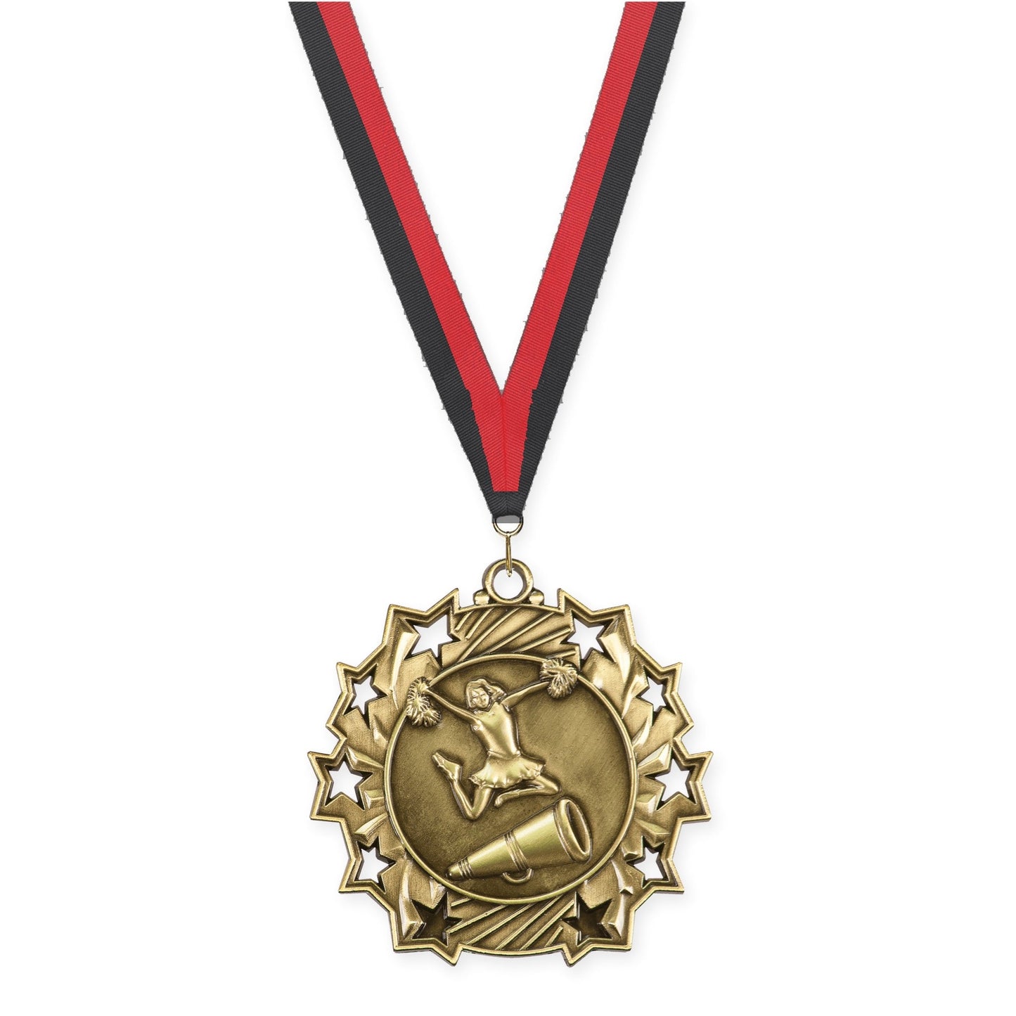 2 1/4 inch cheerleading Ten Star medal in antique gold with Black Red neck ribbon