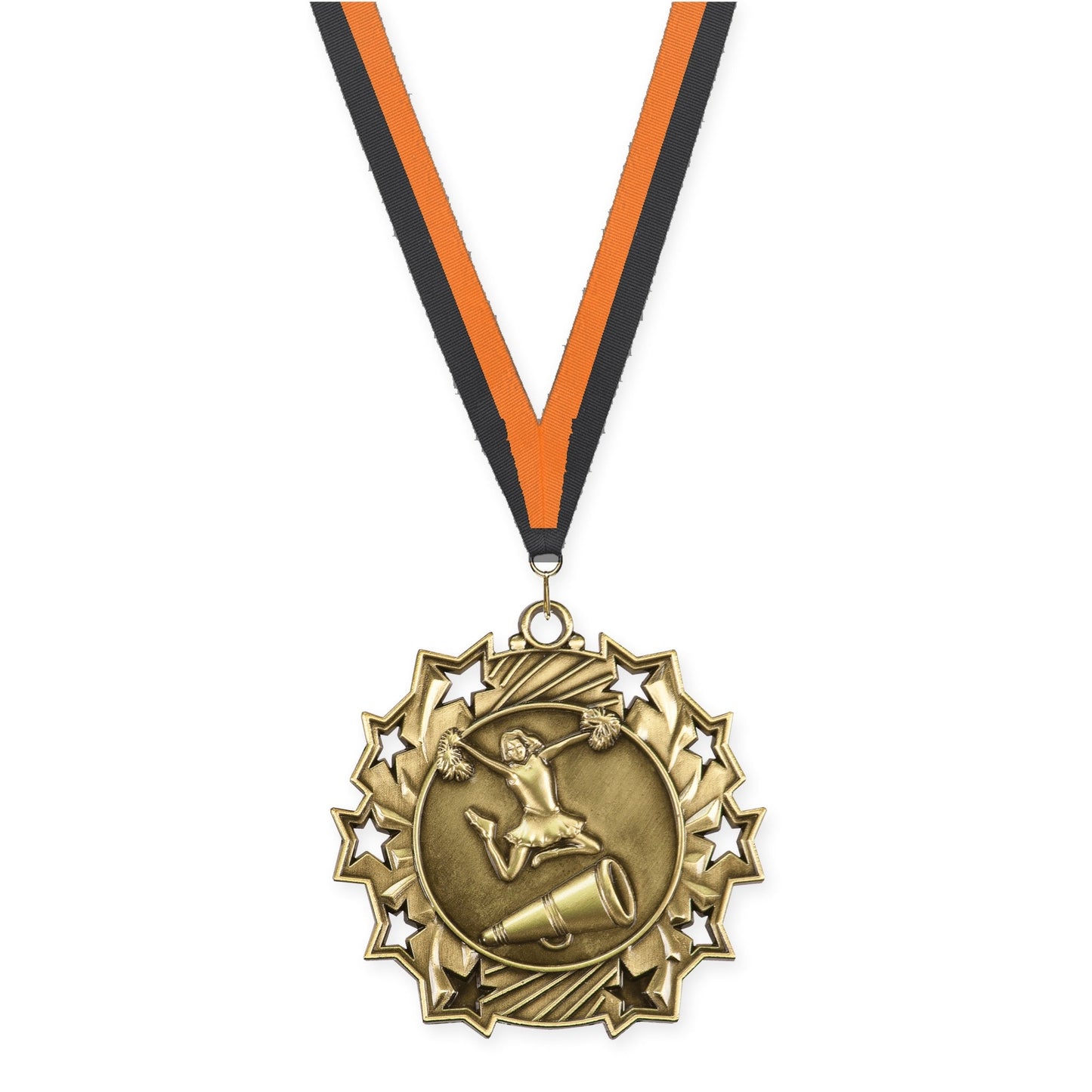 2 1/4 inch cheerleading Ten Star medal in antique gold with Black Orange neck ribbon