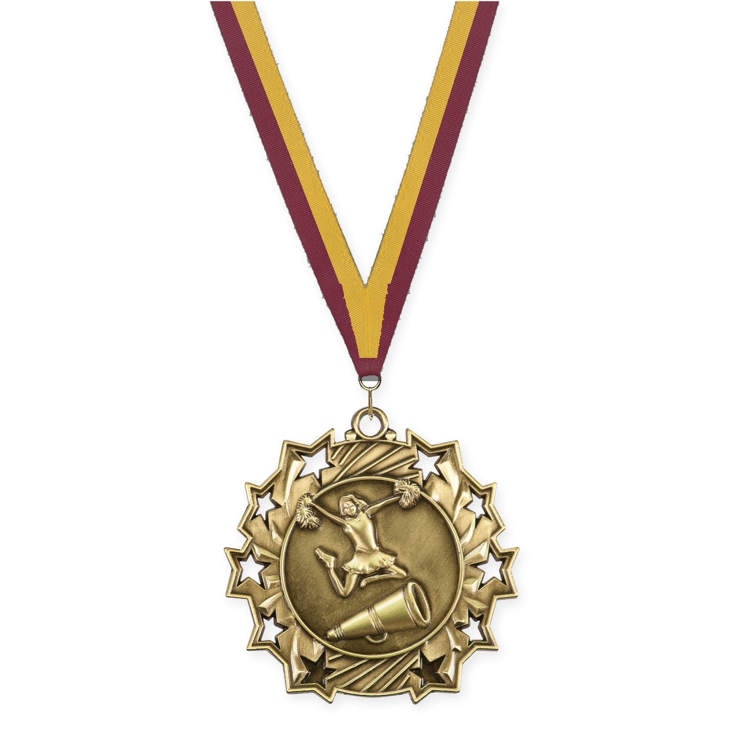 2 1/4 inch cheerleading Ten Star medal in antique gold with Maroon Gold neck ribbon