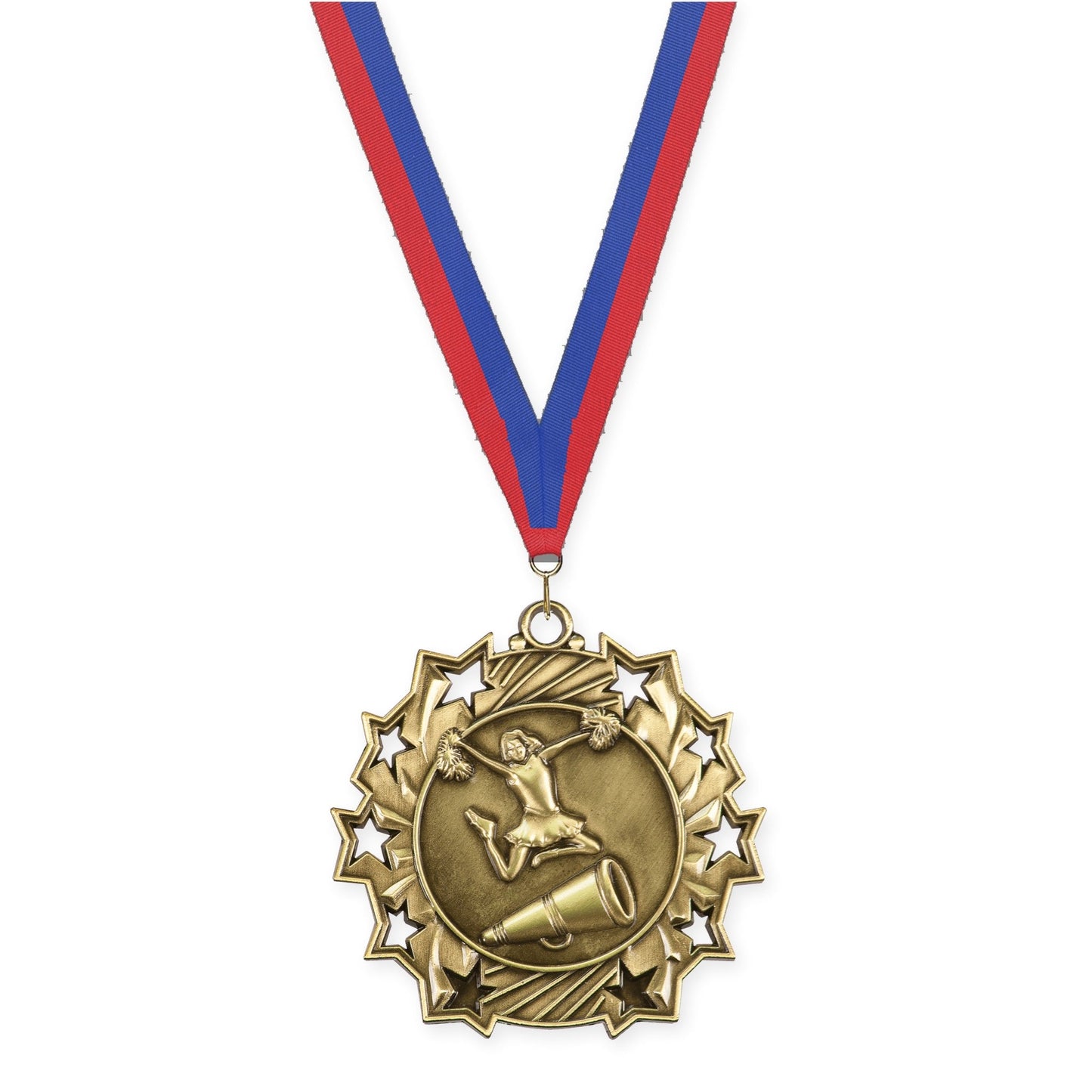 2 1/4 inch cheerleading Ten Star medal in antique gold with Blue Red neck ribbon