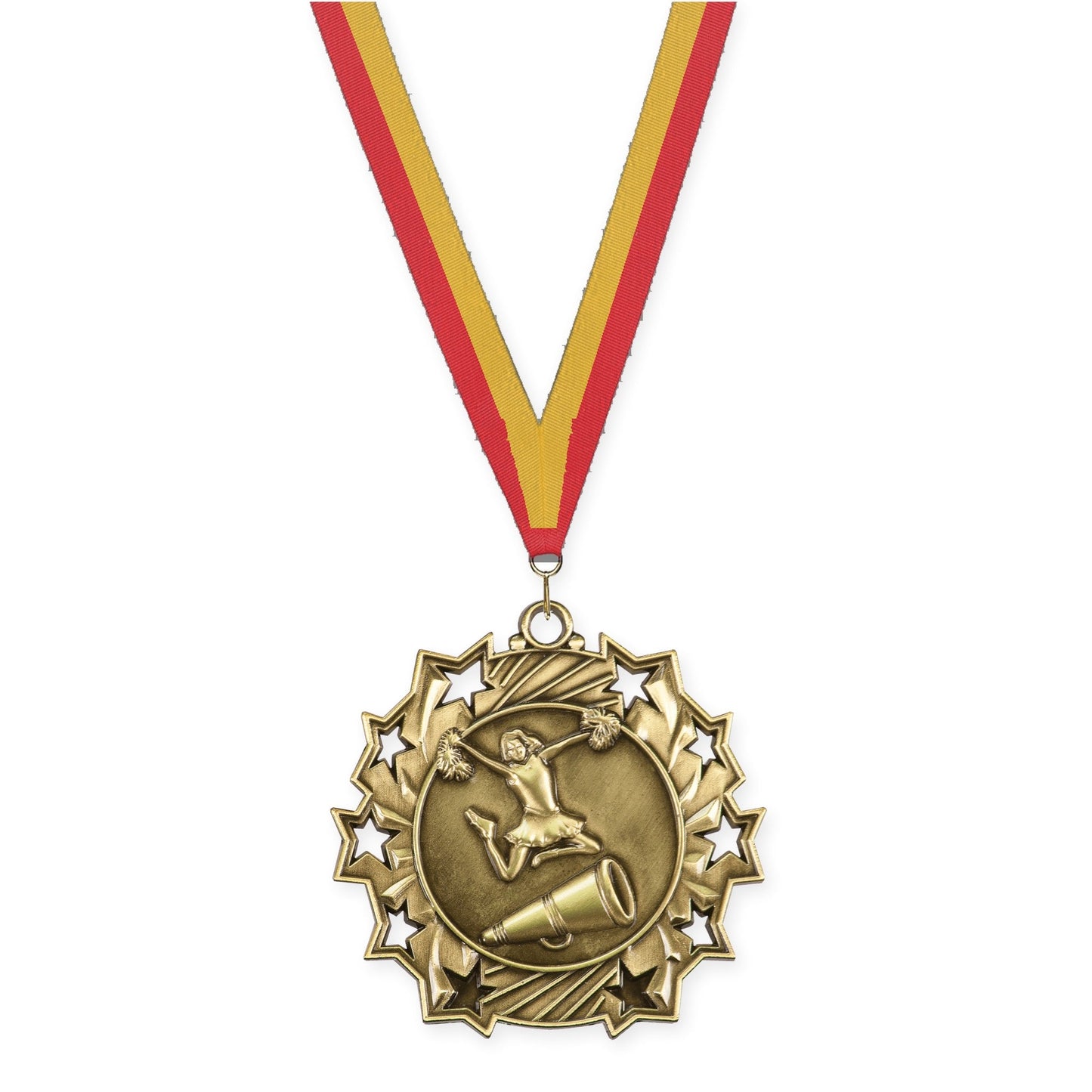 2 1/4 inch cheerleading Ten Star medal in antique gold with Red Gold neck ribbon