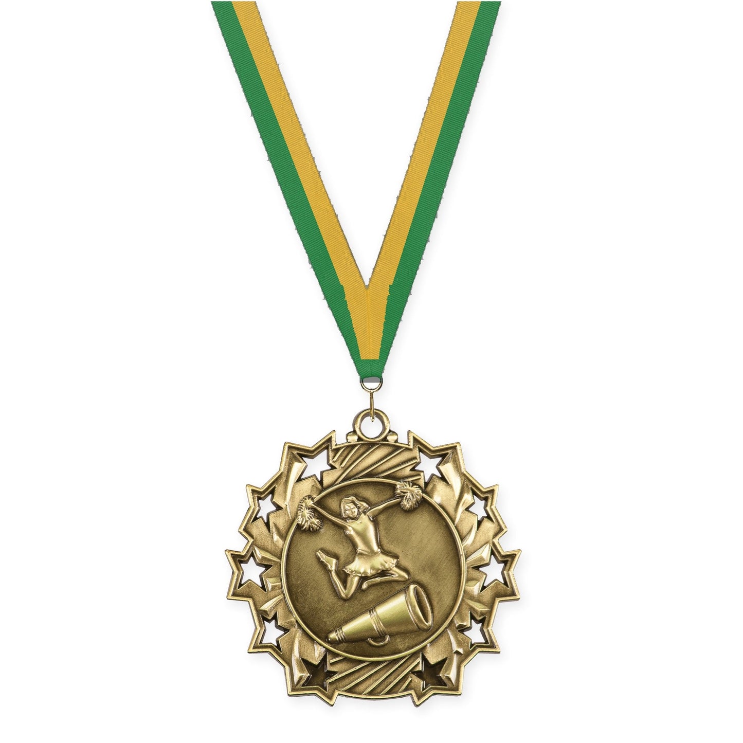 2 1/4 inch cheerleading Ten Star medal in antique gold with Green Gold neck ribbon