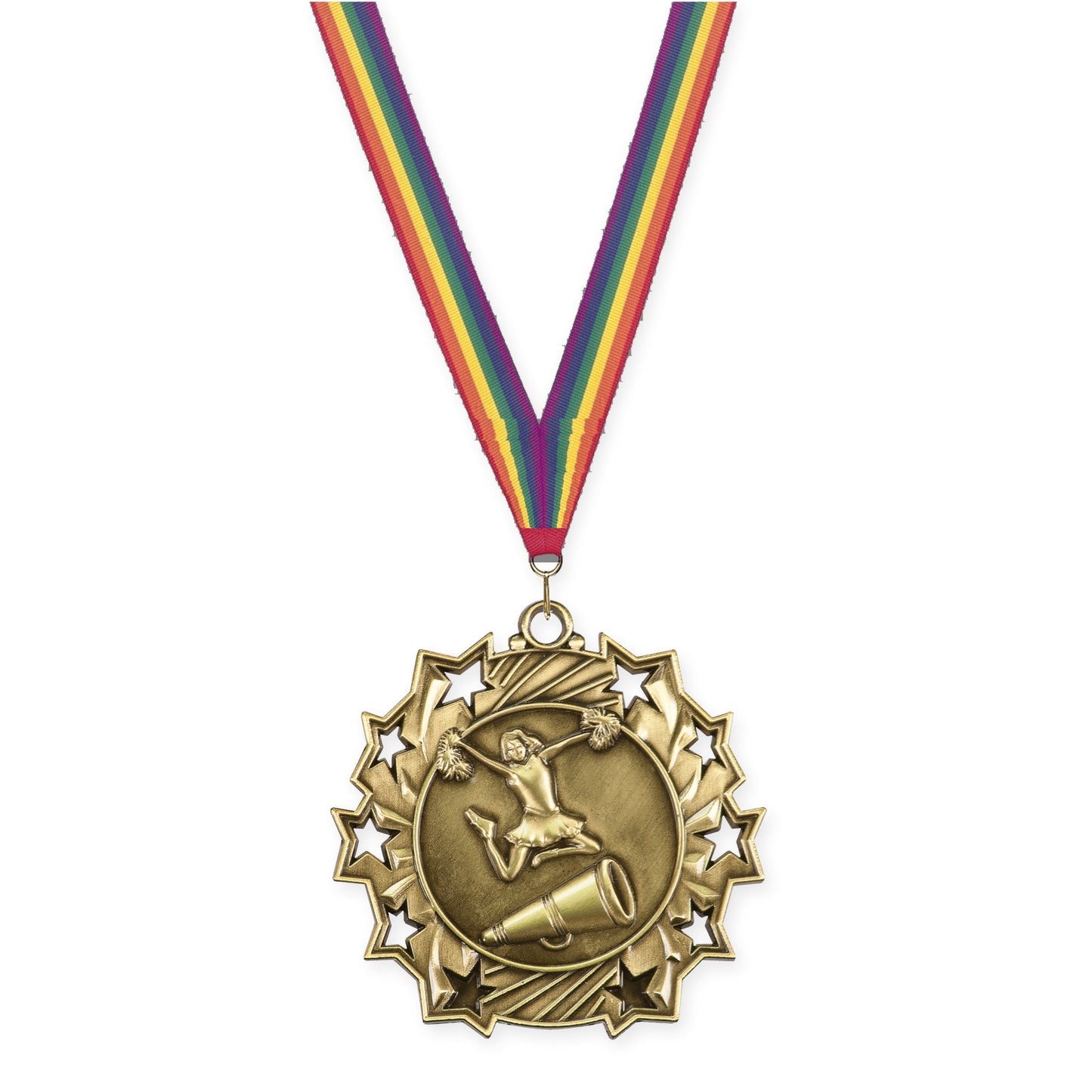 2 1/4 inch cheerleading Ten Star medal in antique gold with Rainbow neck ribbon
