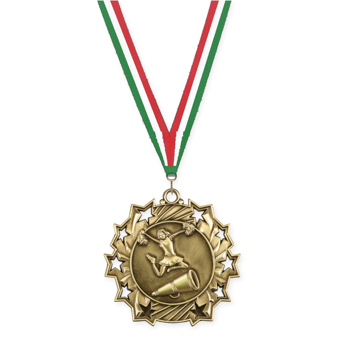 2 1/4 inch cheerleading Ten Star medal in antique gold with Green White Red neck ribbon