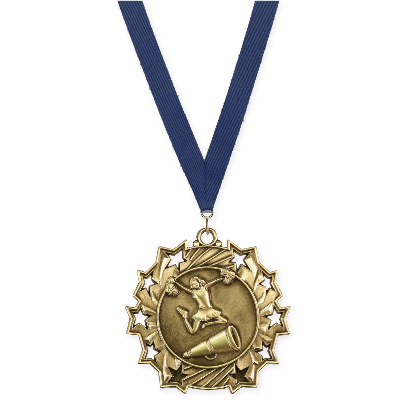 2 1/4 inch cheerleading Ten Star medal in antique gold with Navy neck ribbon