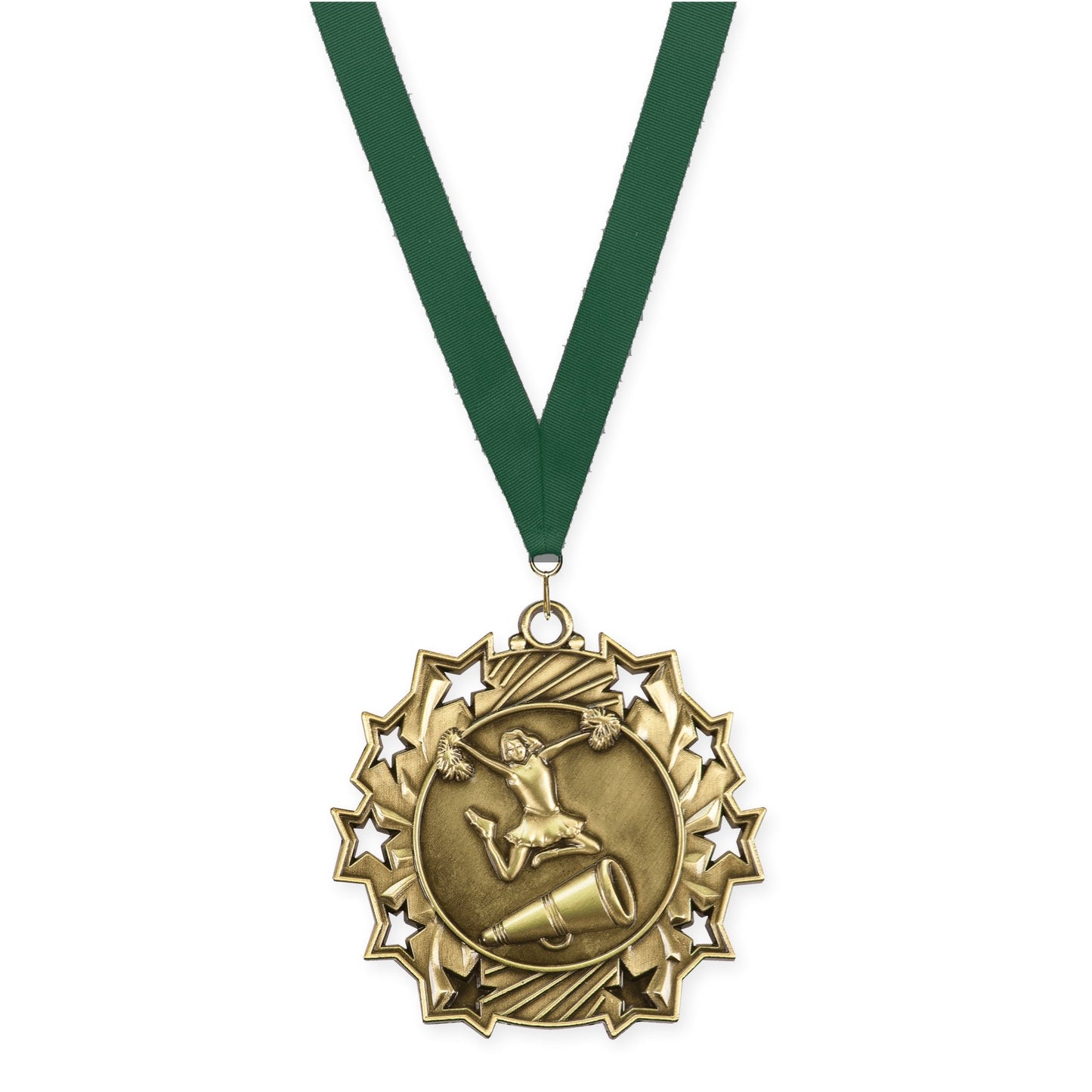2 1/4 inch cheerleading Ten Star medal in antique gold with Hunter Green neck ribbon