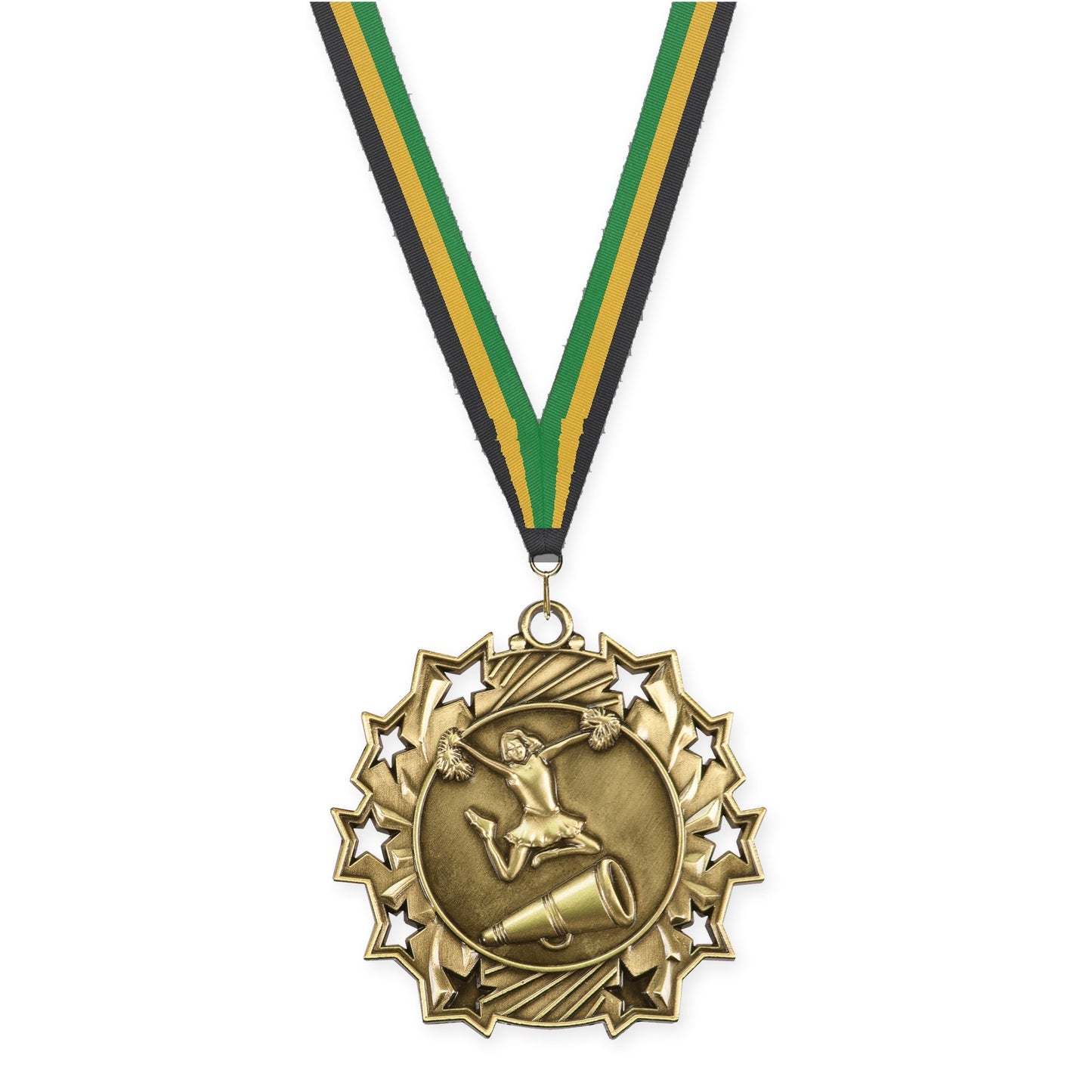 2 1/4 inch cheerleading Ten Star medal in antique gold with Black Gold Green neck ribbon