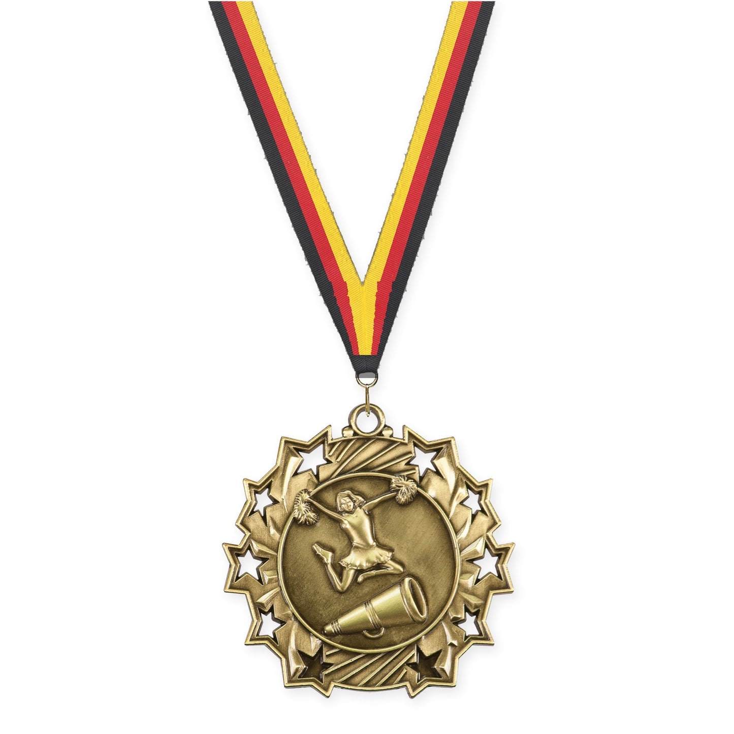 2 1/4 inch cheerleading Ten Star medal in antique gold with Black Red Yellow neck ribbon