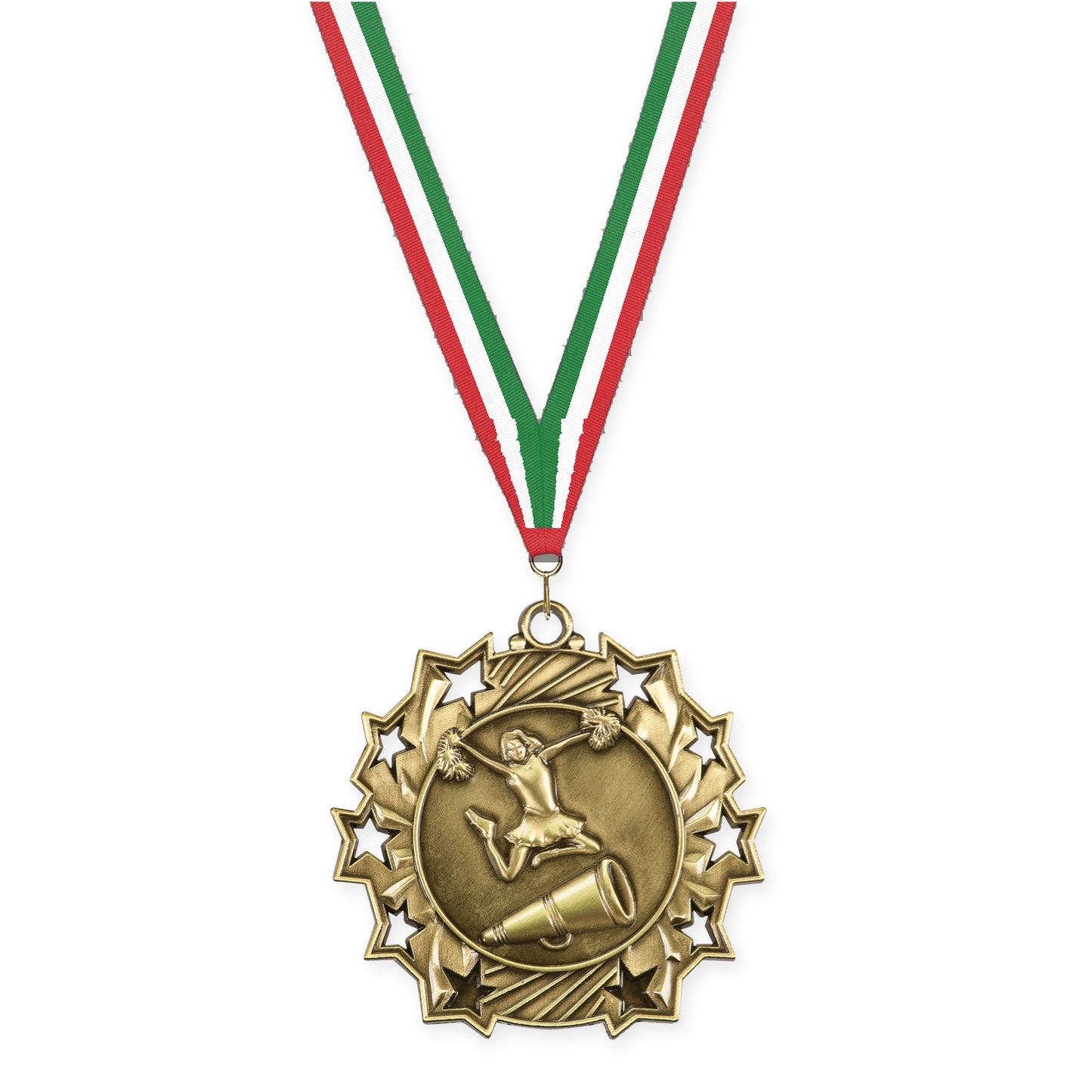 2 1/4 inch cheerleading Ten Star medal in antique gold with Red White Green neck ribbon