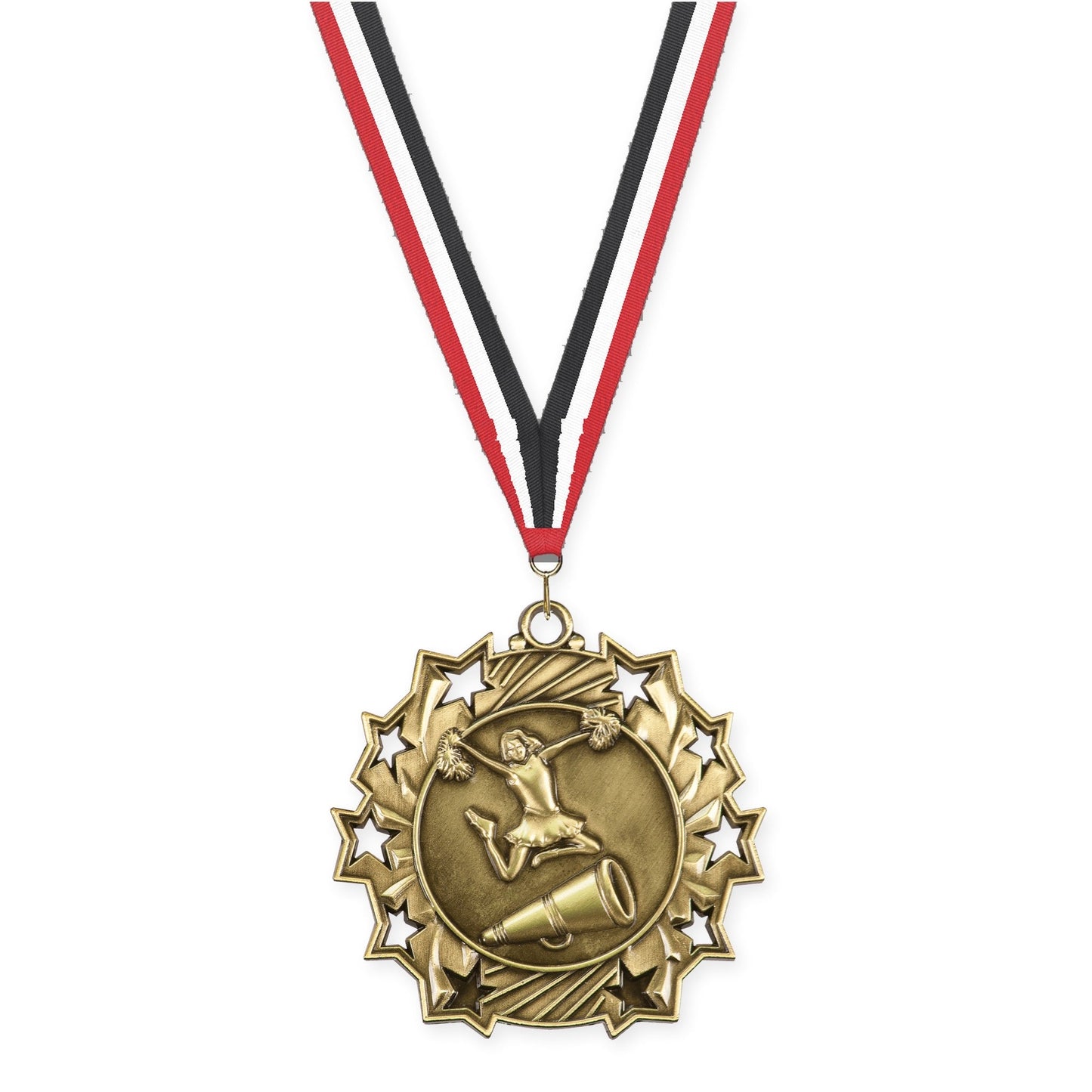 2 1/4 inch cheerleading Ten Star medal in antique gold with Red White Black neck ribbon