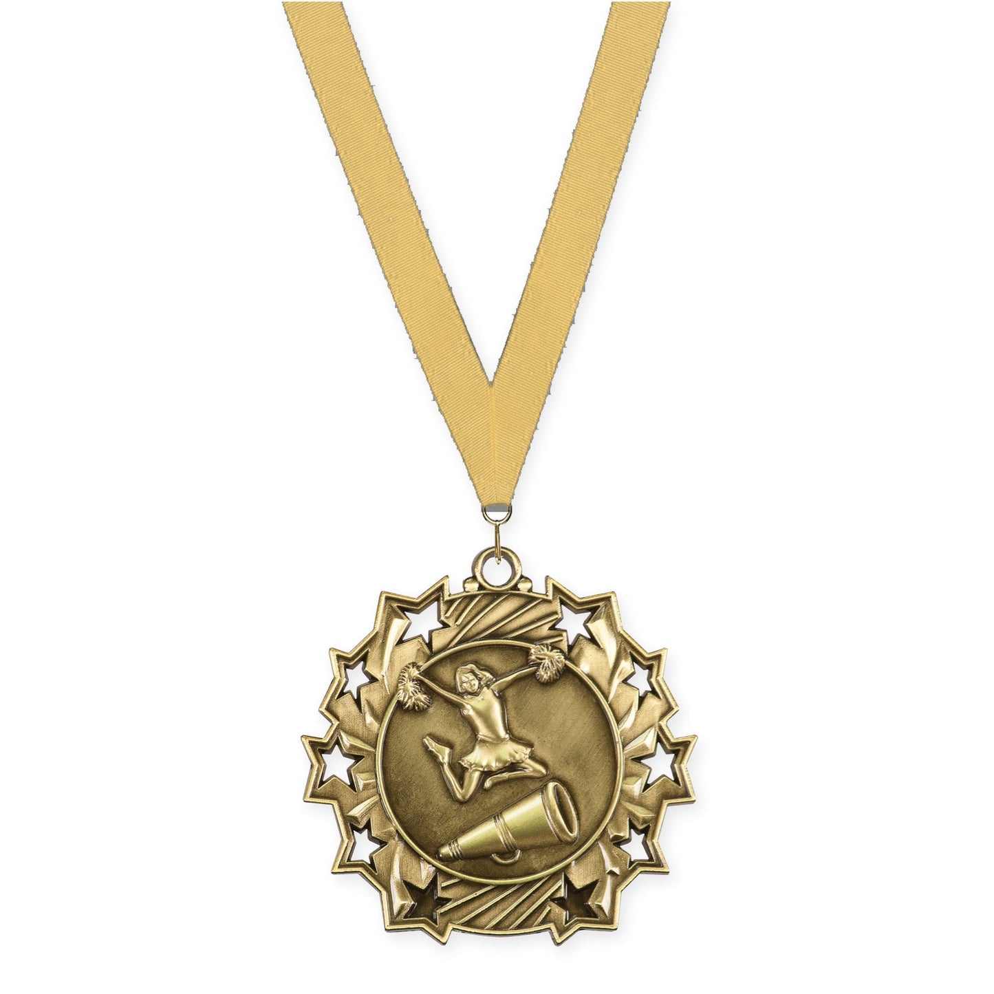 2 1/4 inch cheerleading Ten Star medal in antique gold with Gold Metallic neck ribbon