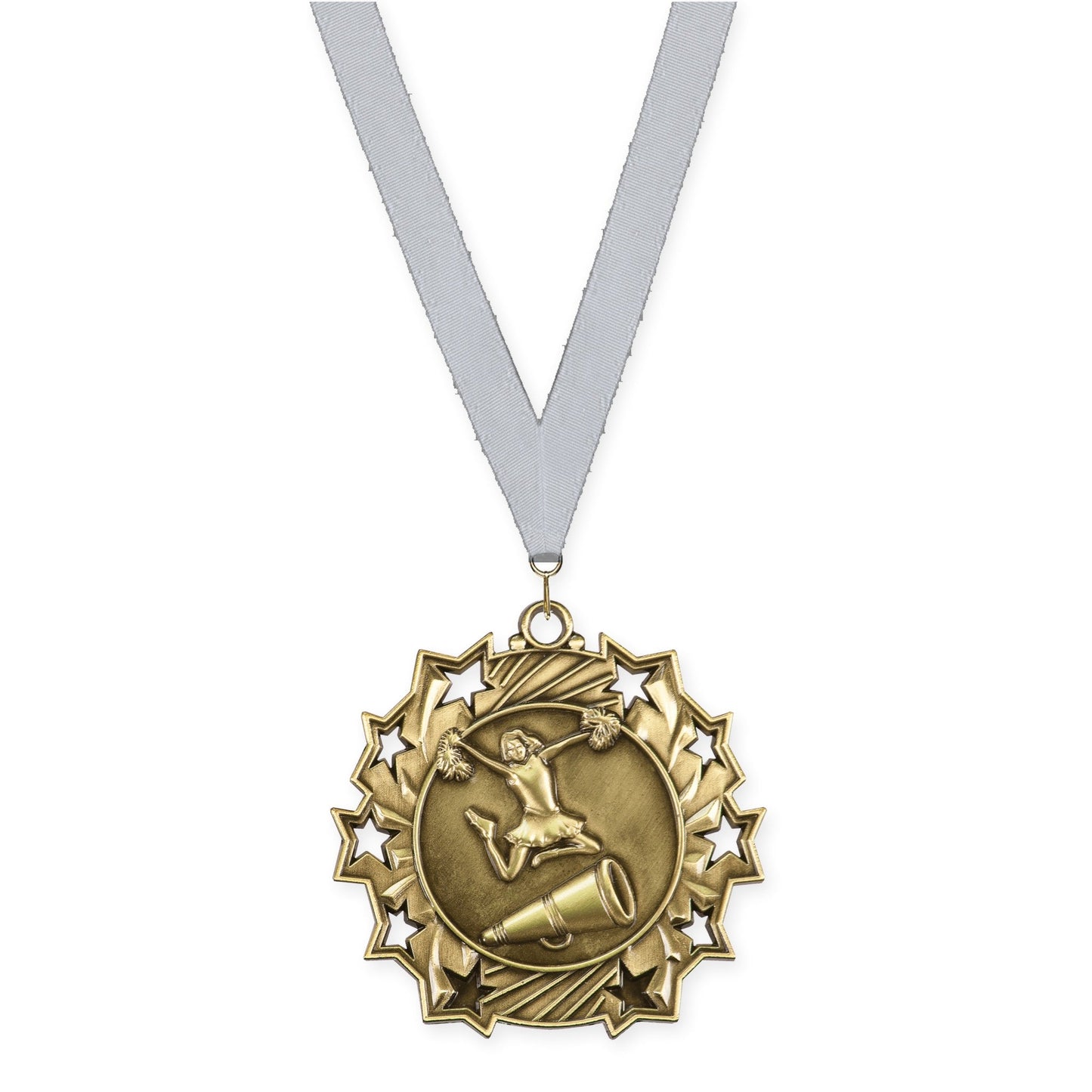 2 1/4 inch cheerleading Ten Star medal in antique gold with Silver Metallic neck ribbon