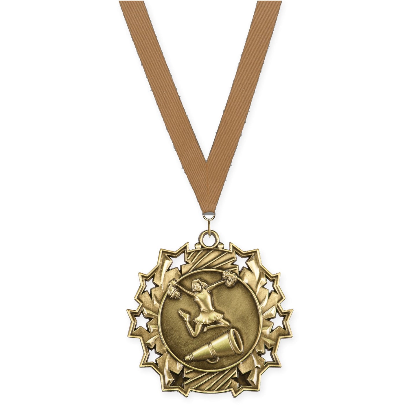 2 1/4 inch cheerleading Ten Star medal in antique gold with Bronze Metallic neck ribbon