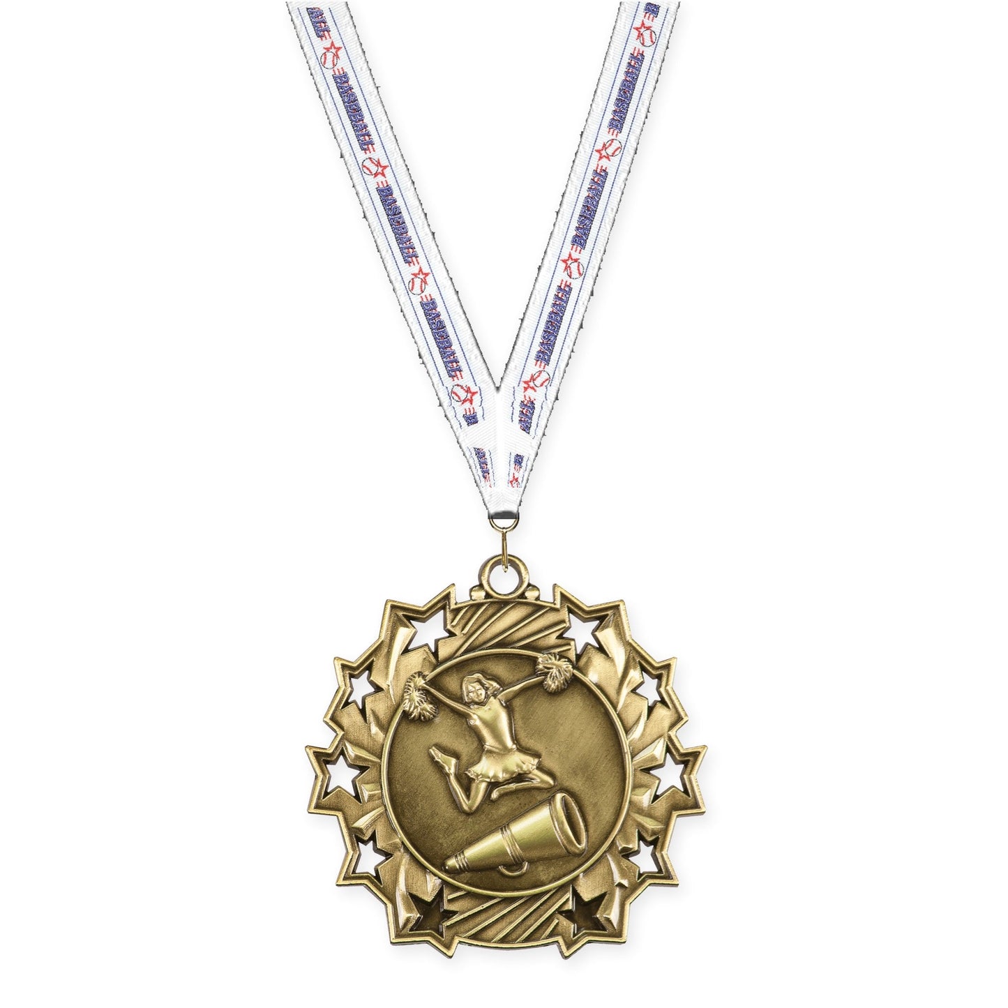 2 1/4 inch cheerleading Ten Star medal in antique gold with Baseball neck ribbon