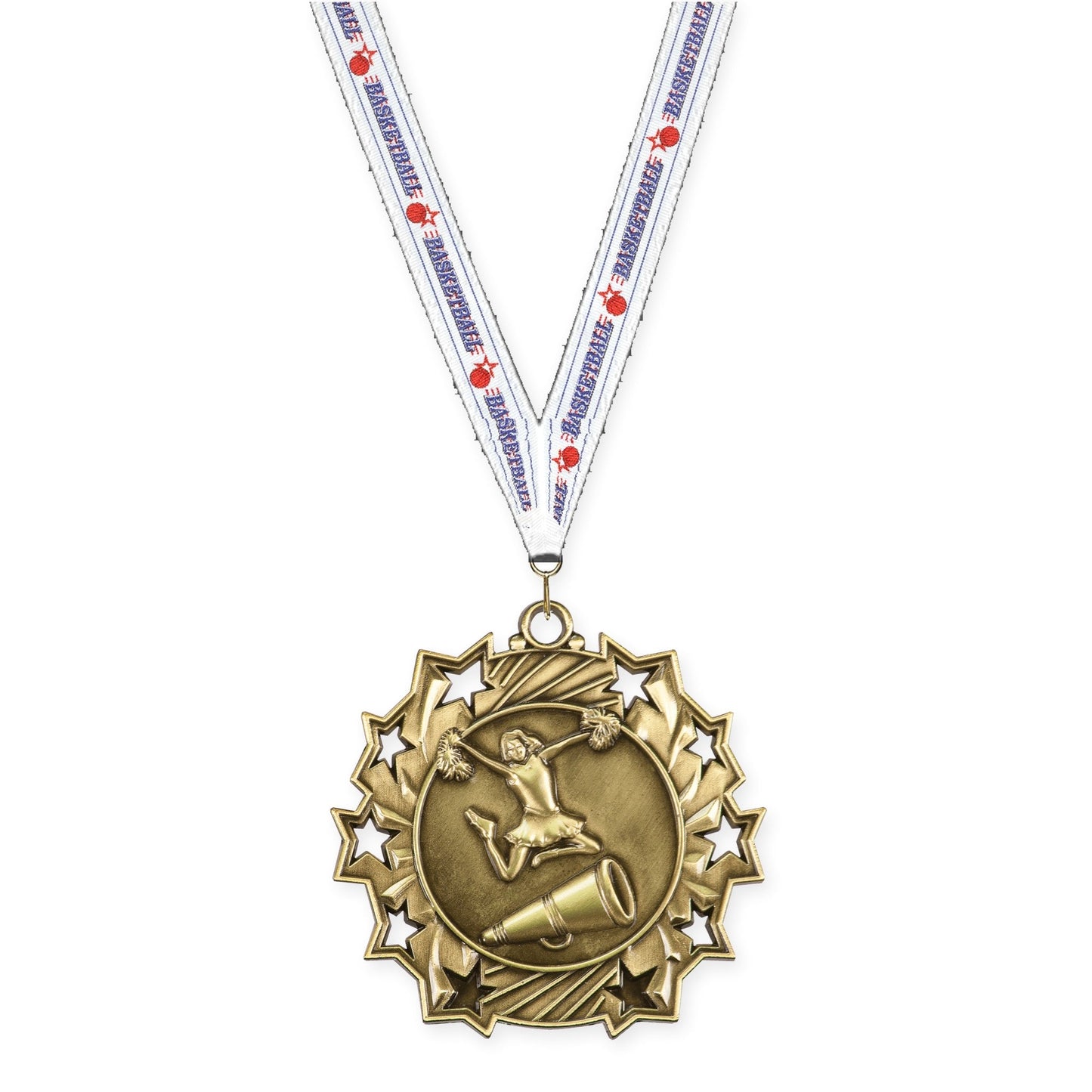 2 1/4 inch cheerleading Ten Star medal in antique gold with Basketball neck ribbon