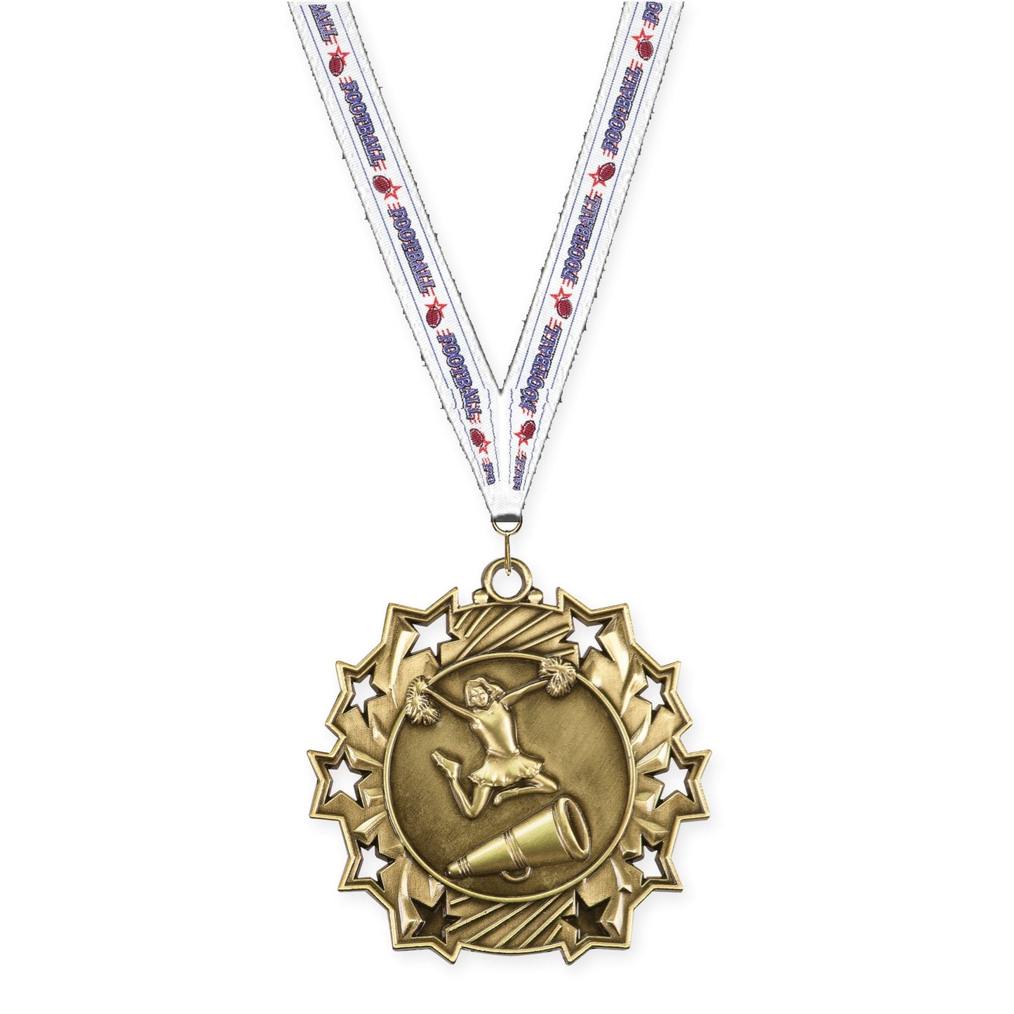 2 1/4 inch cheerleading Ten Star medal in antique gold with Football neck ribbon
