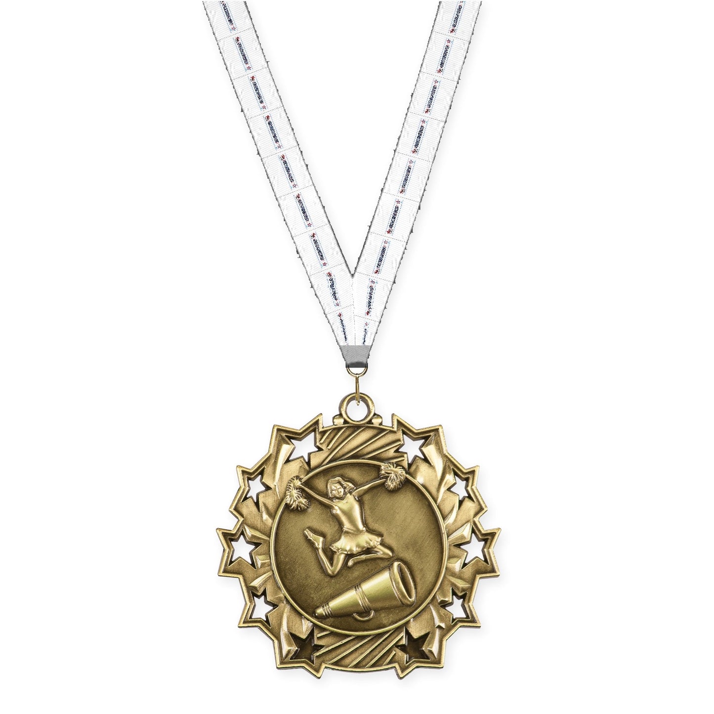 2 1/4 inch cheerleading Ten Star medal in antique gold with Gymnastics neck ribbon