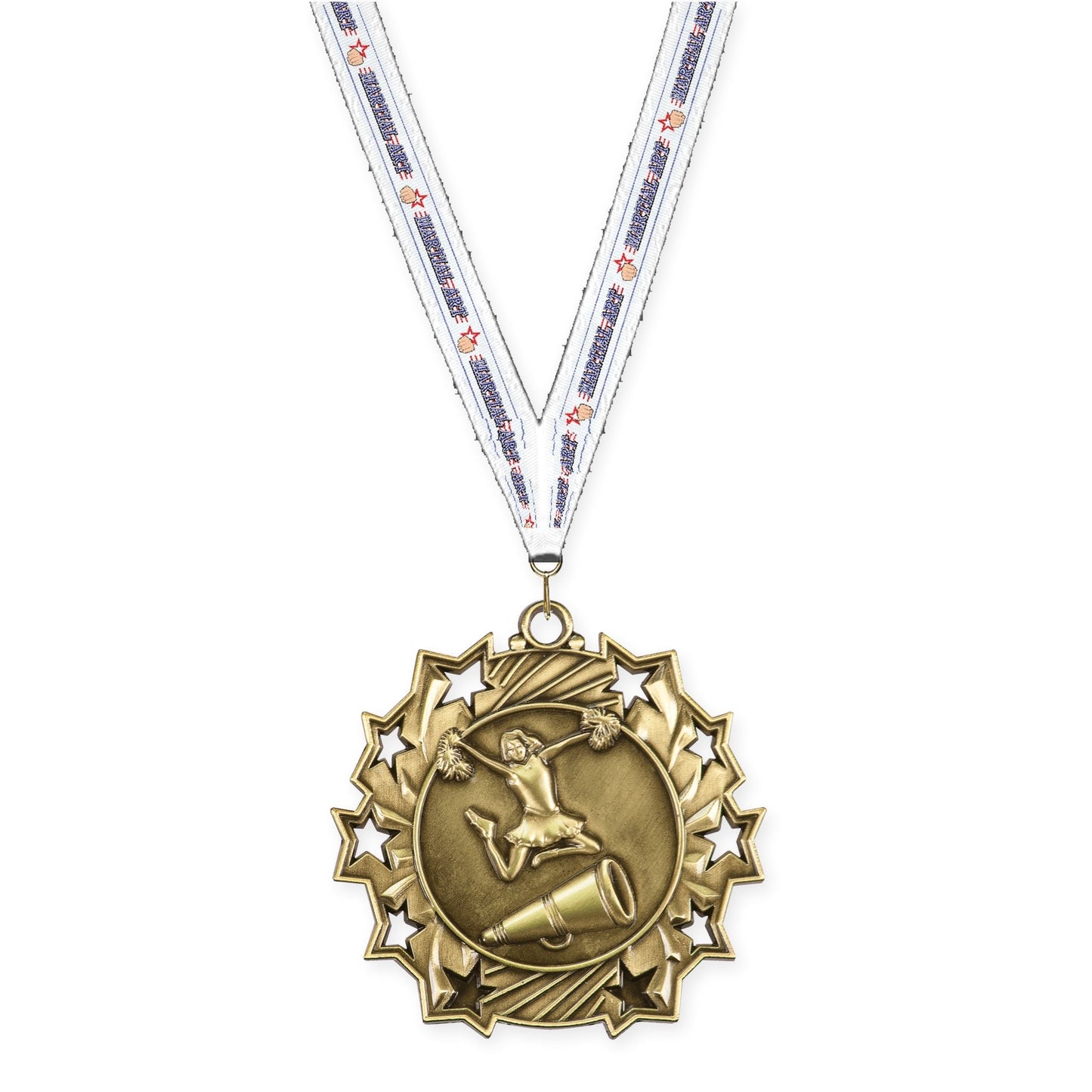 2 1/4 inch cheerleading Ten Star medal in antique gold with Martial Arts neck ribbon