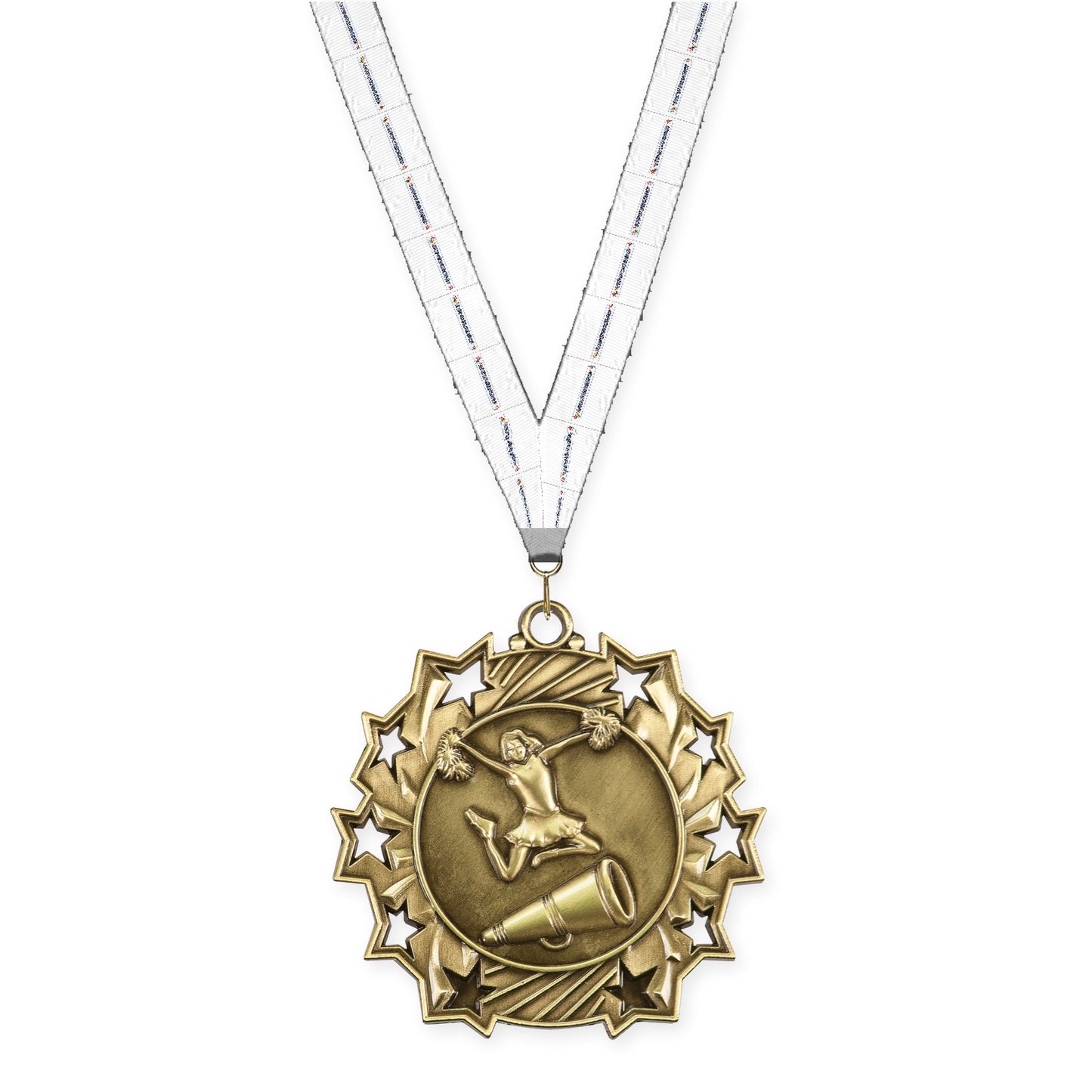 2 1/4 inch cheerleading Ten Star medal in antique gold with Lamp Of Knowledge neck ribbon