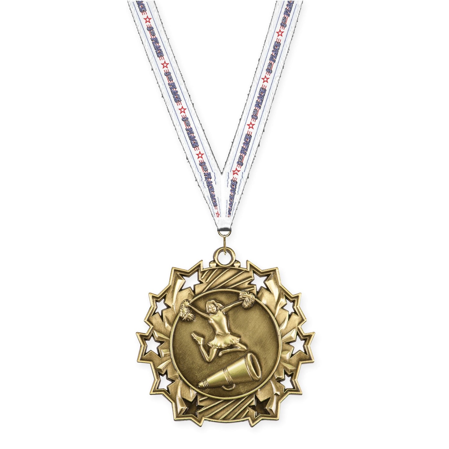 2 1/4 inch cheerleading Ten Star medal in antique gold with 3rd Place neck ribbon