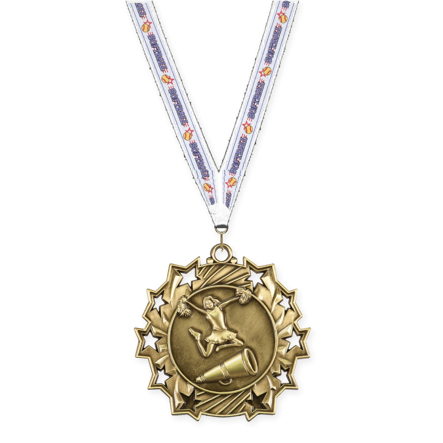 2 1/4 inch cheerleading Ten Star medal in antique gold with Softball neck ribbon