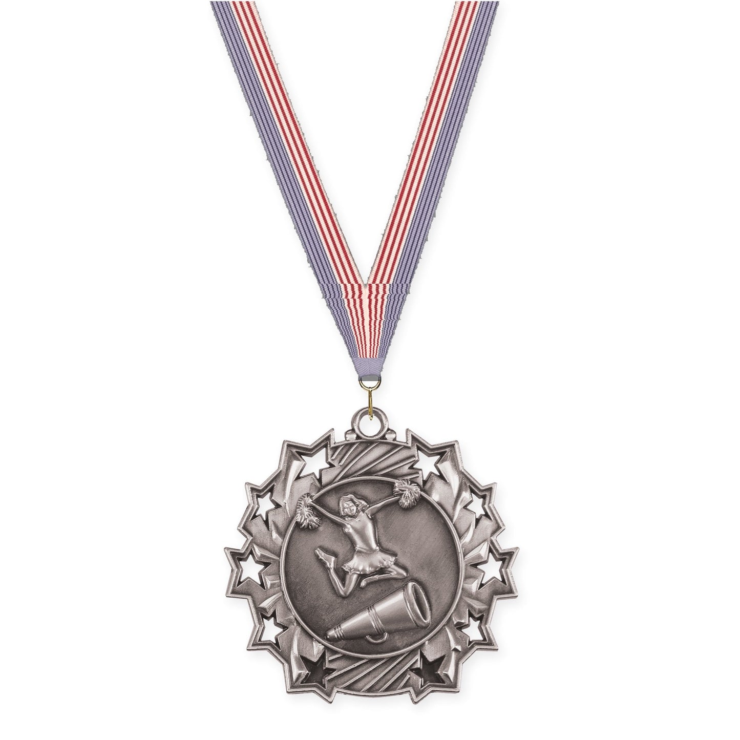 2 1/4 inch cheerleading Ten Star medal in antique silver with USA Flag neck ribbon