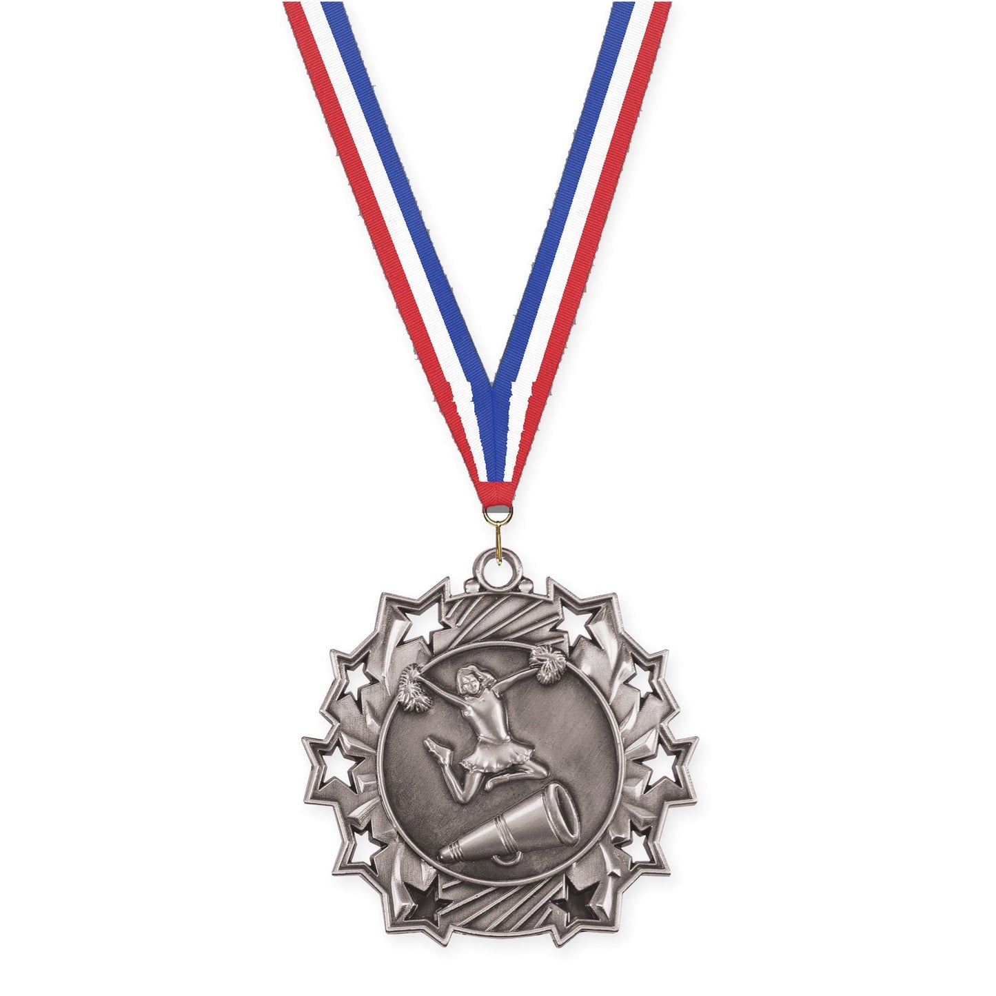2 1/4 inch cheerleading Ten Star medal in antique silver with Red White Blue neck ribbon